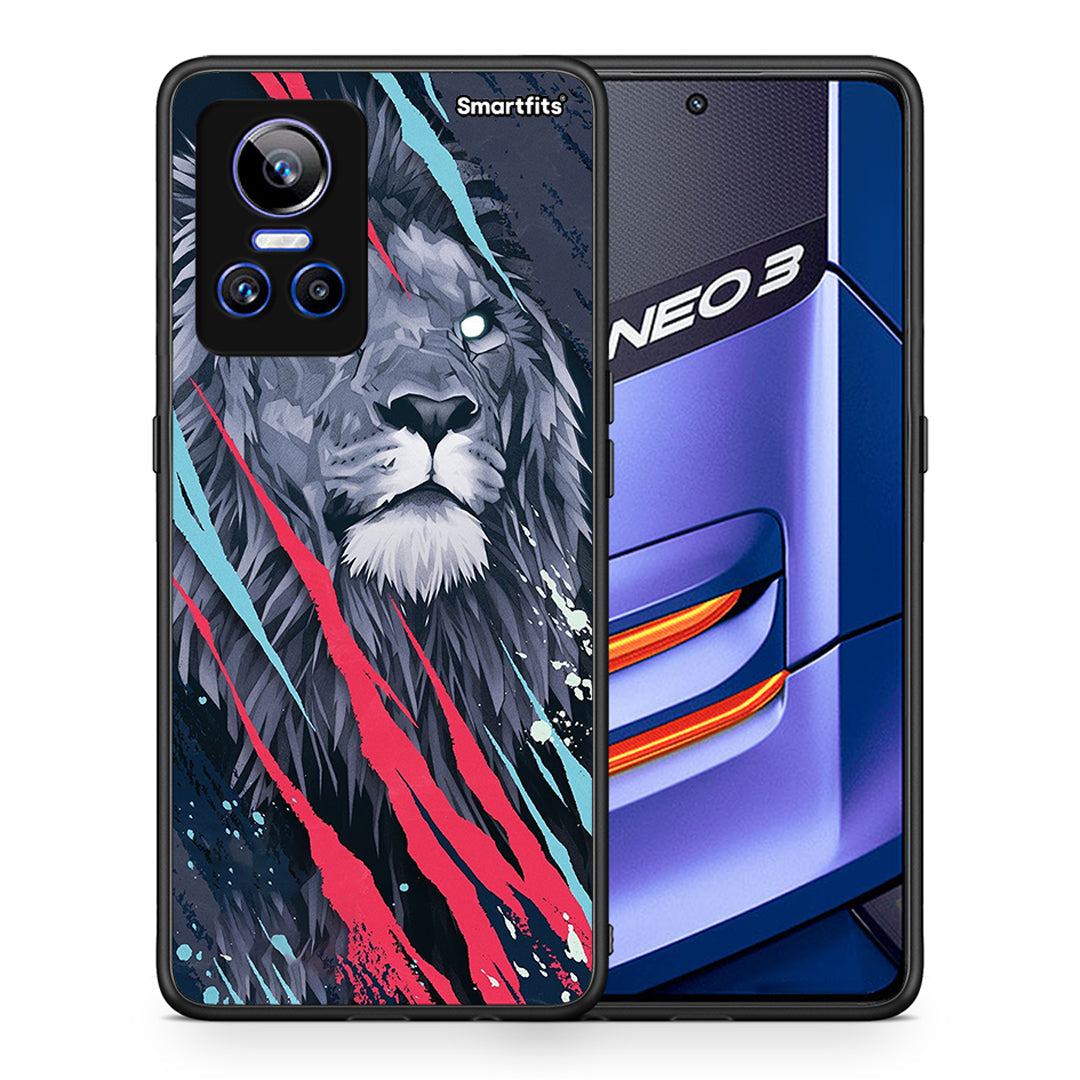 Θήκη Realme GT Neo 3 Lion Designer PopArt από τη Smartfits με σχέδιο στο πίσω μέρος και μαύρο περίβλημα | Realme GT Neo 3 Lion Designer PopArt case with colorful back and black bezels