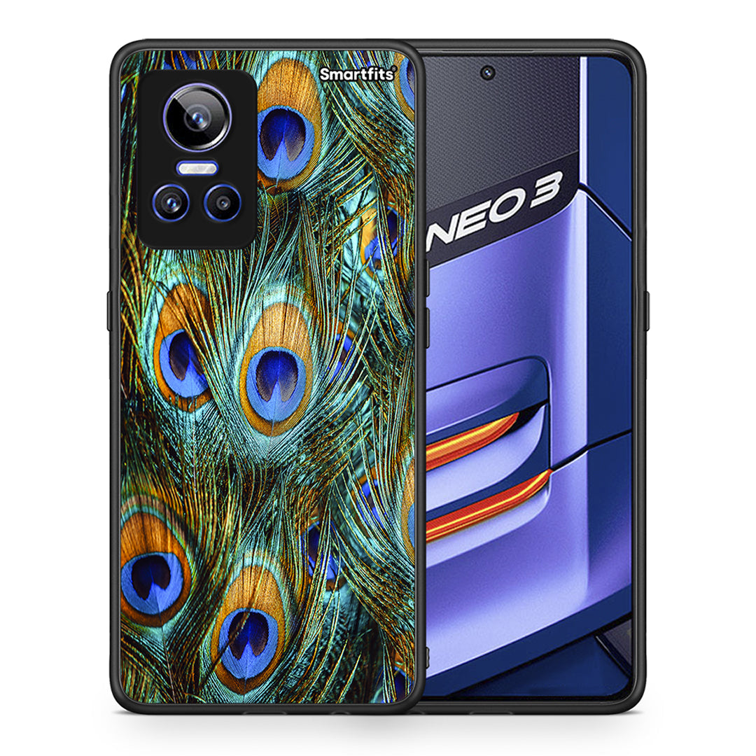 Θήκη Realme GT Neo 3 Real Peacock Feathers από τη Smartfits με σχέδιο στο πίσω μέρος και μαύρο περίβλημα | Realme GT Neo 3 Real Peacock Feathers case with colorful back and black bezels