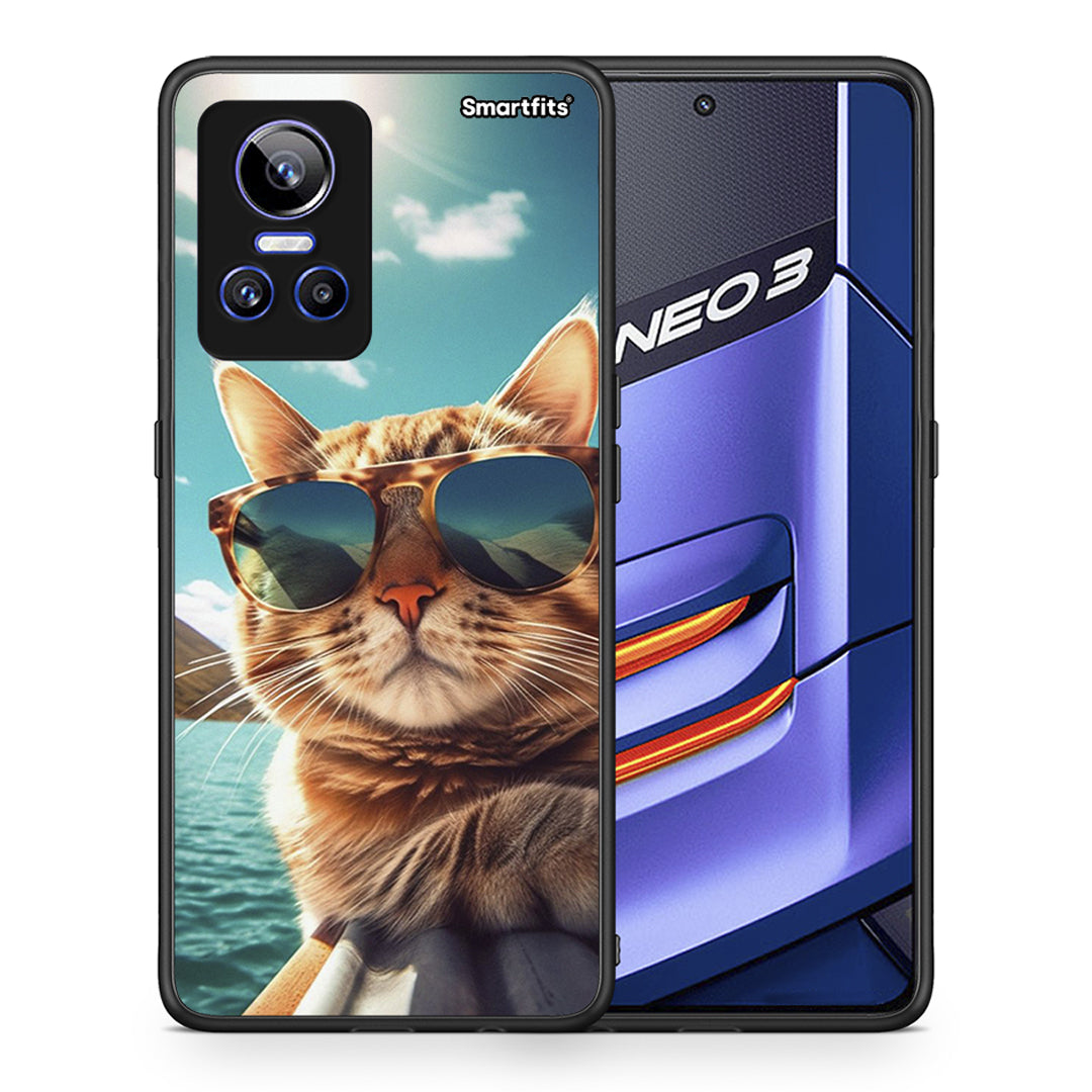 Θήκη Realme GT Neo 3 Summer Cat από τη Smartfits με σχέδιο στο πίσω μέρος και μαύρο περίβλημα | Realme GT Neo 3 Summer Cat case with colorful back and black bezels