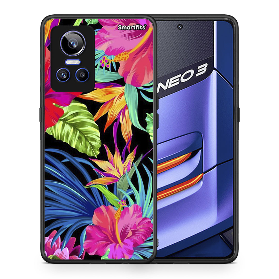 Θήκη Realme GT Neo 3 Tropical Flowers από τη Smartfits με σχέδιο στο πίσω μέρος και μαύρο περίβλημα | Realme GT Neo 3 Tropical Flowers case with colorful back and black bezels