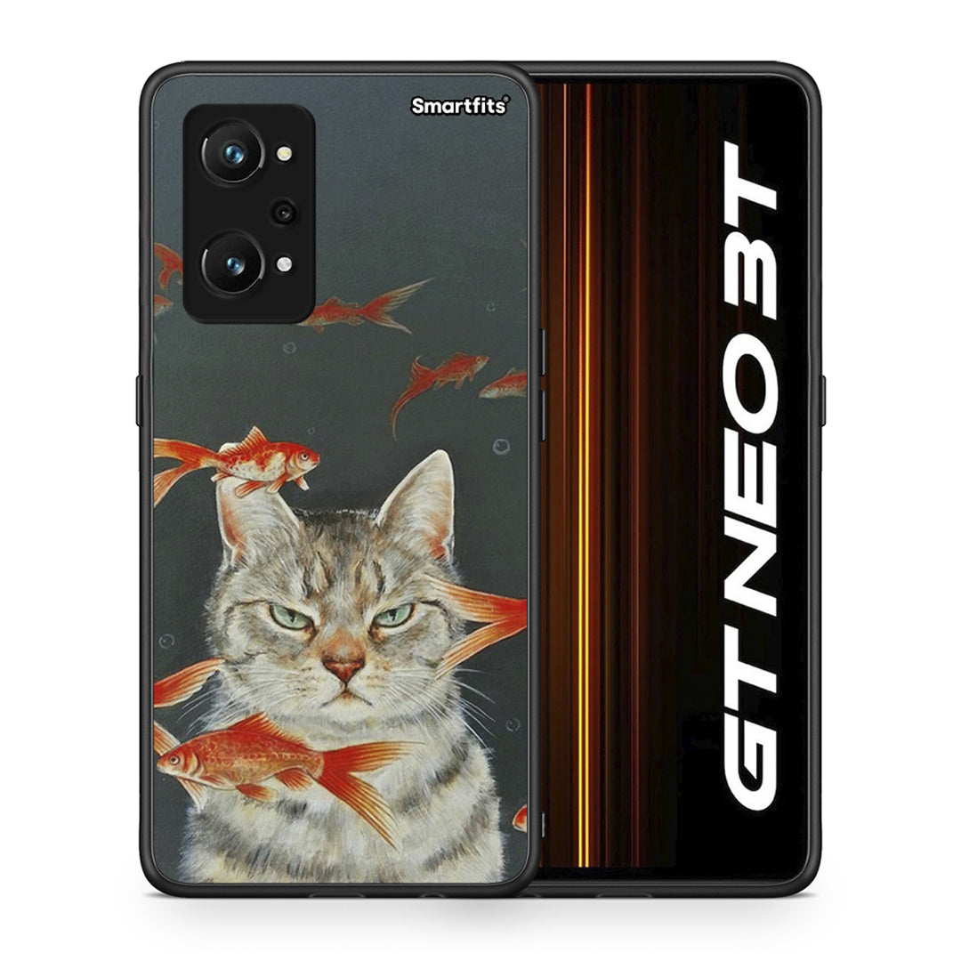 Θήκη Realme GT Neo 3T Cat Goldfish από τη Smartfits με σχέδιο στο πίσω μέρος και μαύρο περίβλημα | Realme GT Neo 3T Cat Goldfish case with colorful back and black bezels