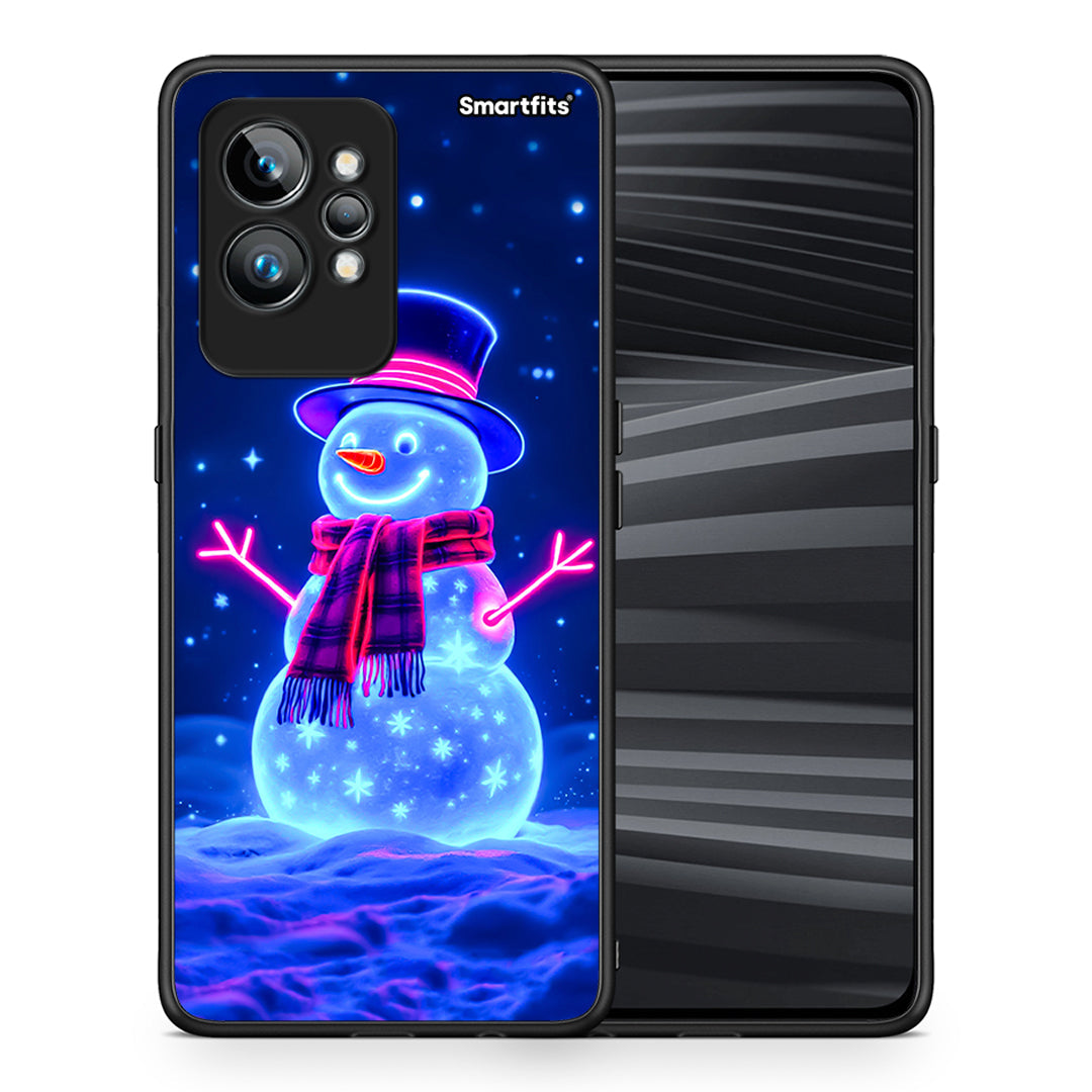 Θήκη Realme GT2 Pro Christmas Neon Snowman από τη Smartfits με σχέδιο στο πίσω μέρος και μαύρο περίβλημα | Realme GT2 Pro Christmas Neon Snowman Case with Colorful Back and Black Bezels