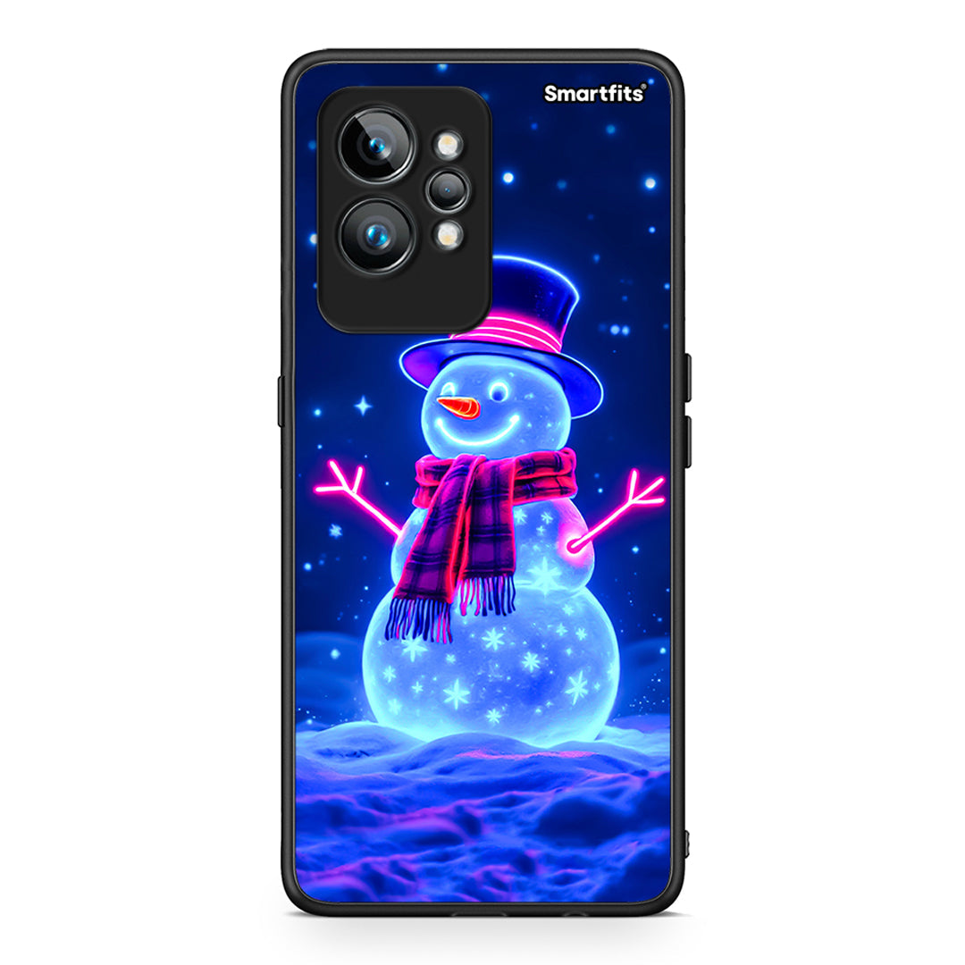 Θήκη Realme GT2 Pro Christmas Neon Snowman από τη Smartfits με σχέδιο στο πίσω μέρος και μαύρο περίβλημα | Realme GT2 Pro Christmas Neon Snowman Case with Colorful Back and Black Bezels