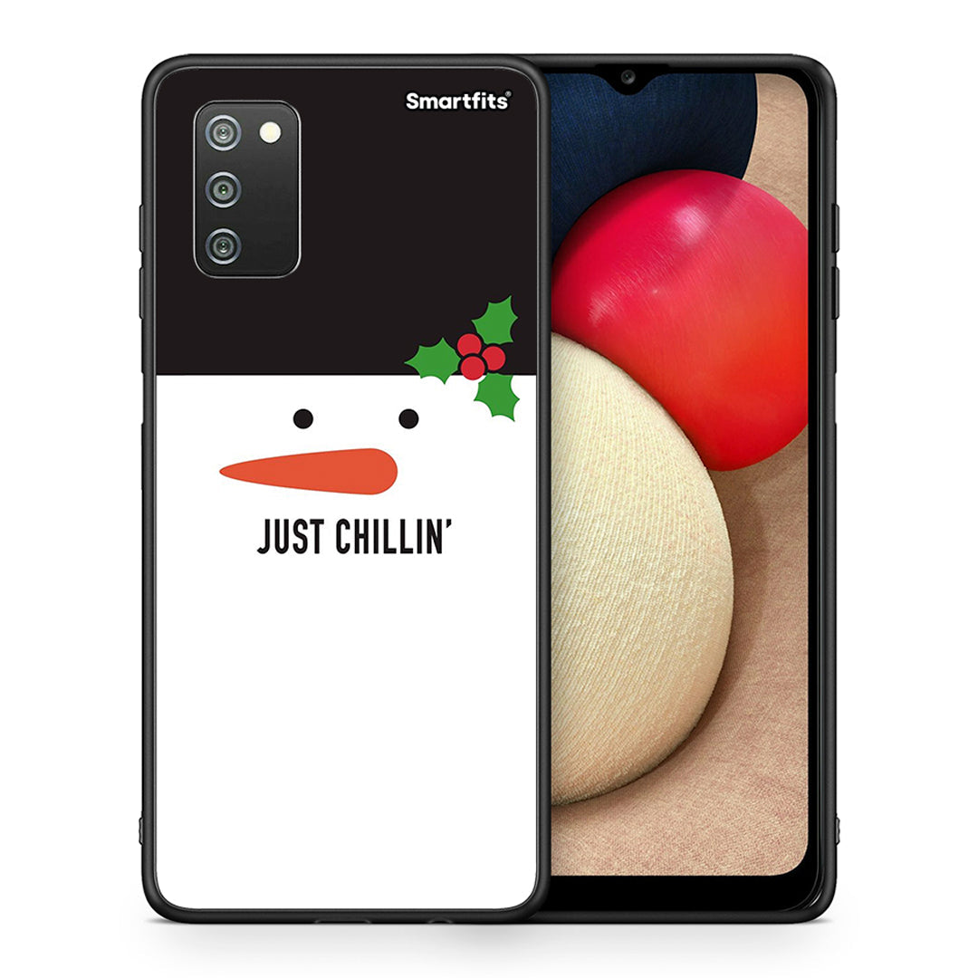 Θήκη Samsung A02s Christmas Chillin από τη Smartfits με σχέδιο στο πίσω μέρος και μαύρο περίβλημα | Samsung A02s Christmas Chillin case with colorful back and black bezels