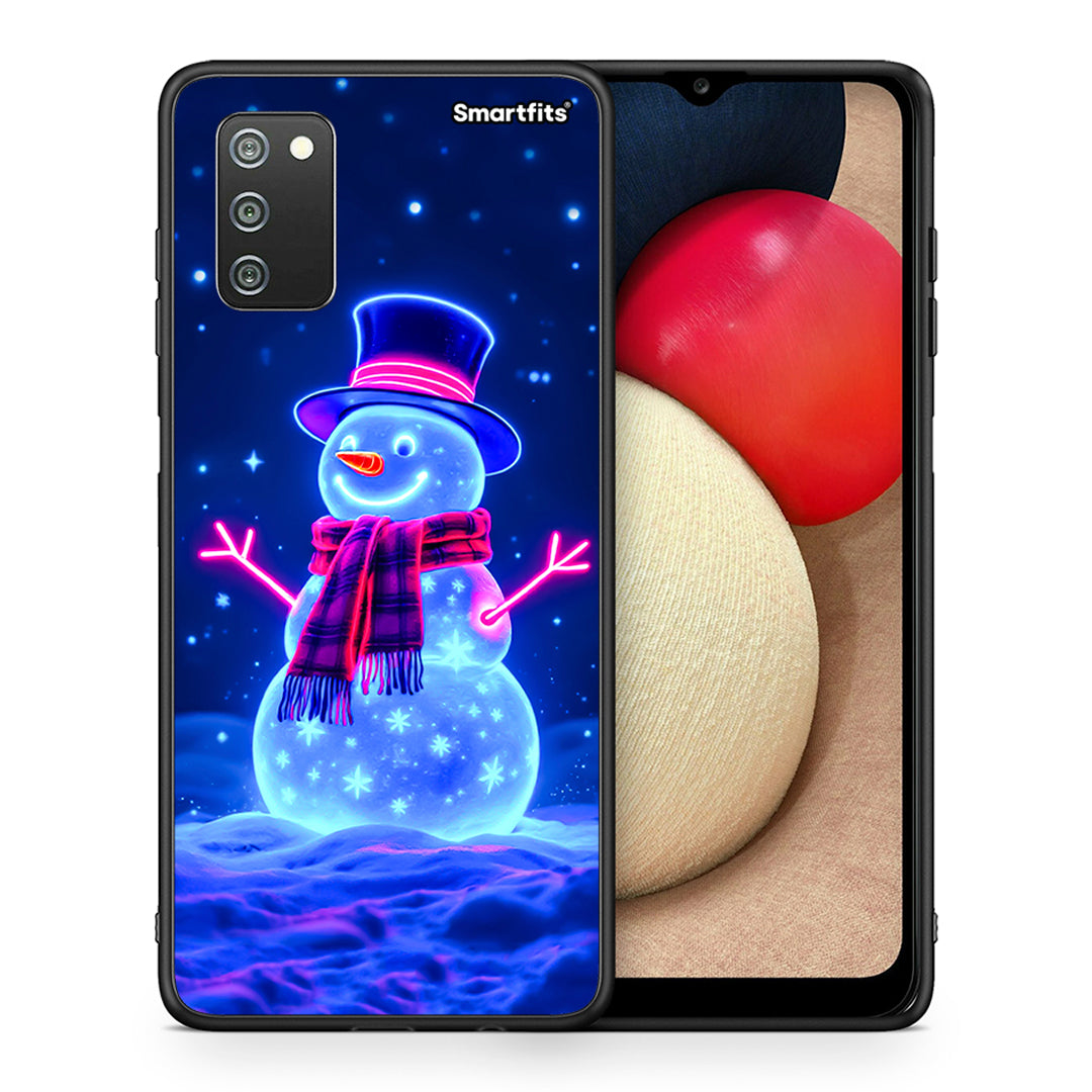 Θήκη Samsung A02s Christmas Neon Snowman από τη Smartfits με σχέδιο στο πίσω μέρος και μαύρο περίβλημα | Samsung A02s Christmas Neon Snowman case with colorful back and black bezels