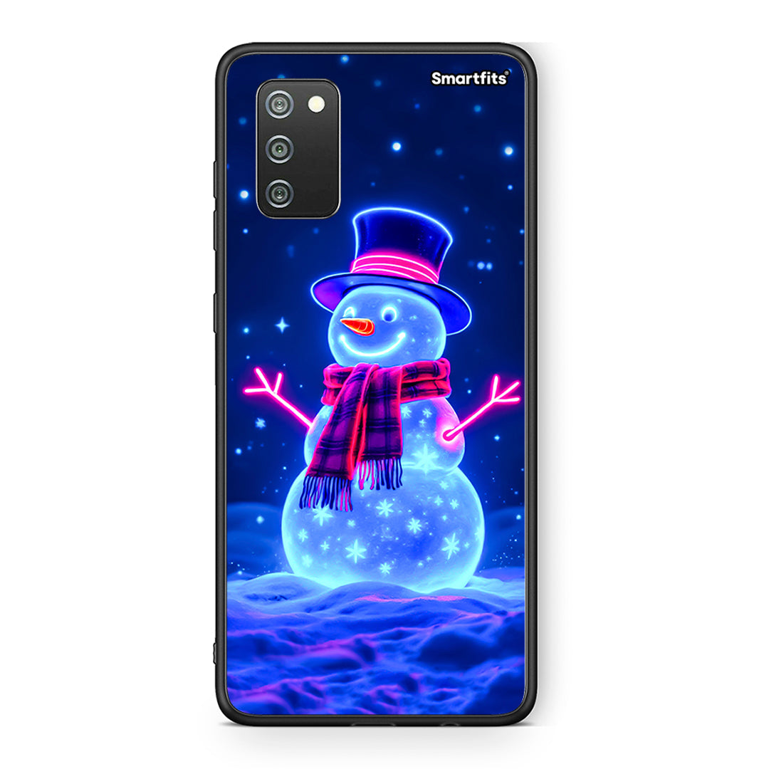 Samsung A02s Christmas Neon Snowman θήκη από τη Smartfits με σχέδιο στο πίσω μέρος και μαύρο περίβλημα | Smartphone case with colorful back and black bezels by Smartfits