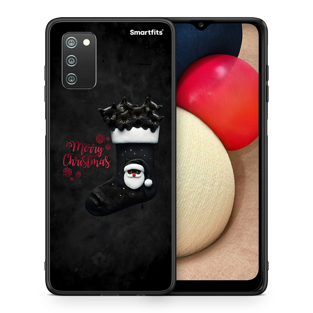 Θήκη Samsung A02s Merry Cat Christmas από τη Smartfits με σχέδιο στο πίσω μέρος και μαύρο περίβλημα | Samsung A02s Merry Cat Christmas case with colorful back and black bezels