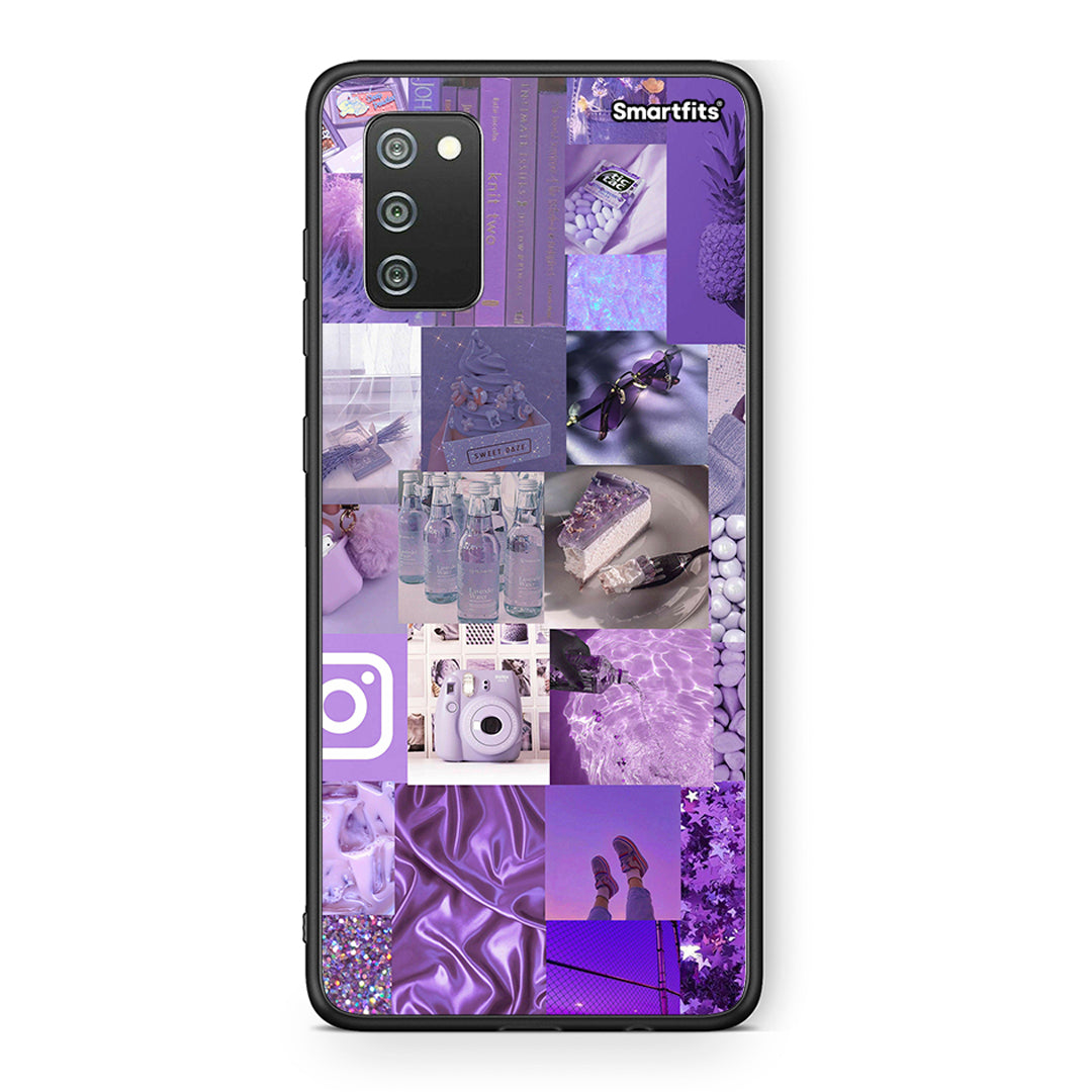 Samsung A02s Purple Aesthetic Collage θήκη από τη Smartfits με σχέδιο στο πίσω μέρος και μαύρο περίβλημα | Smartphone case with colorful back and black bezels by Smartfits