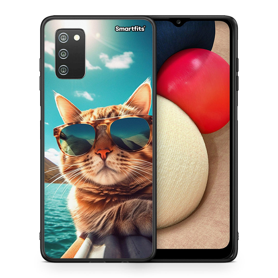 Θήκη Samsung A02s Summer Cat από τη Smartfits με σχέδιο στο πίσω μέρος και μαύρο περίβλημα | Samsung A02s Summer Cat case with colorful back and black bezels