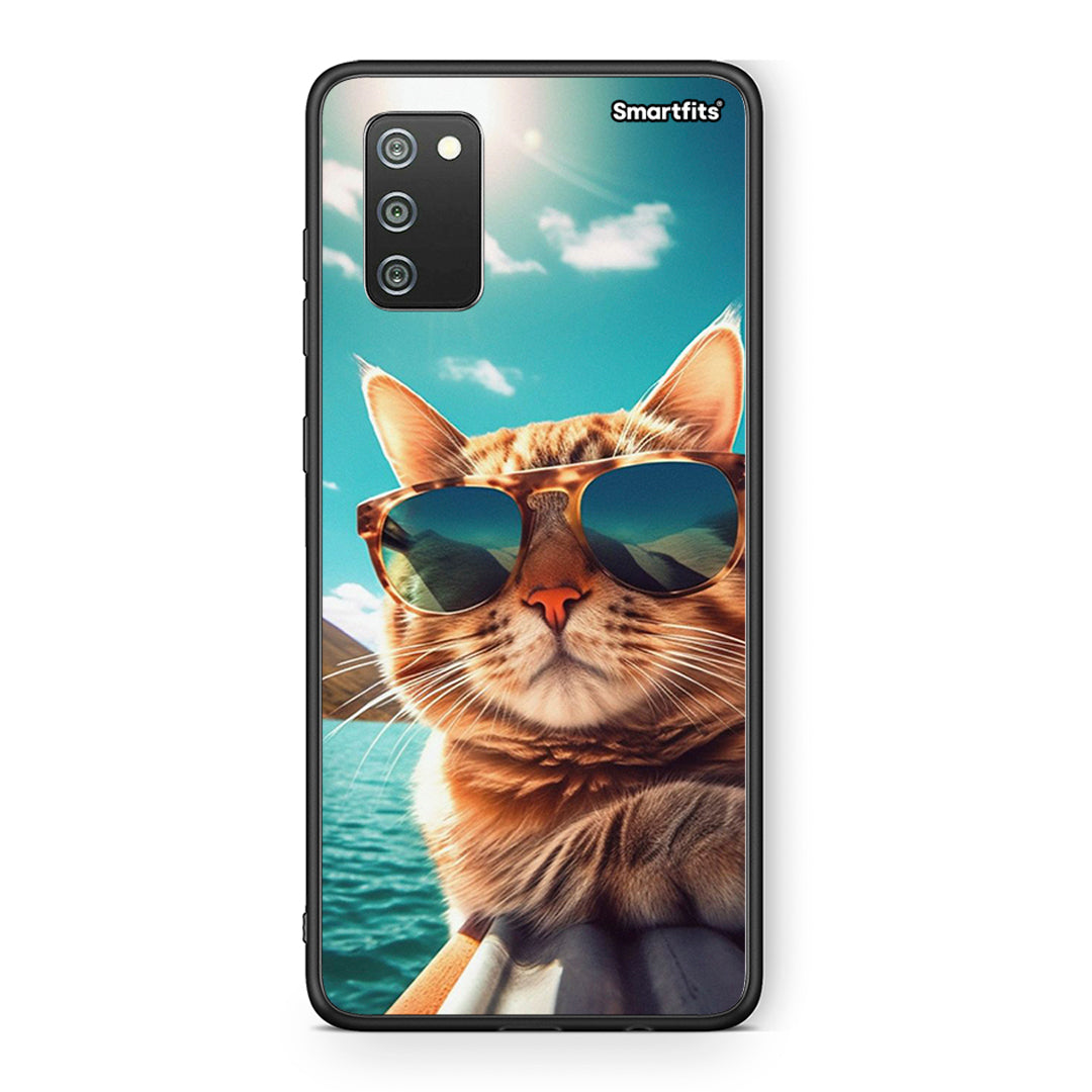 Samsung A02s Summer Cat θήκη από τη Smartfits με σχέδιο στο πίσω μέρος και μαύρο περίβλημα | Smartphone case with colorful back and black bezels by Smartfits