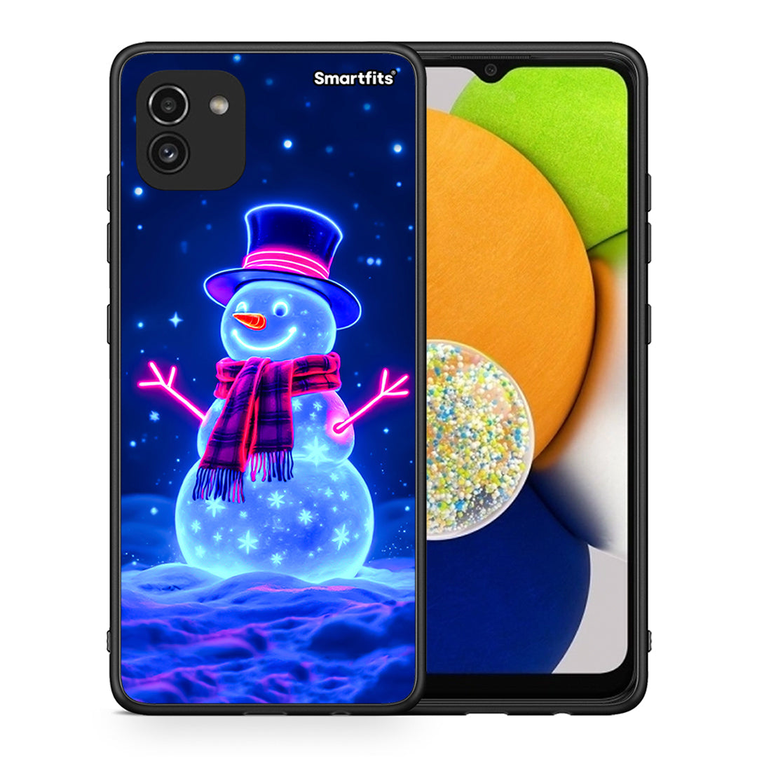 Θήκη Samsung A03 Christmas Neon Snowman από τη Smartfits με σχέδιο στο πίσω μέρος και μαύρο περίβλημα | Samsung A03 Christmas Neon Snowman case with colorful back and black bezels