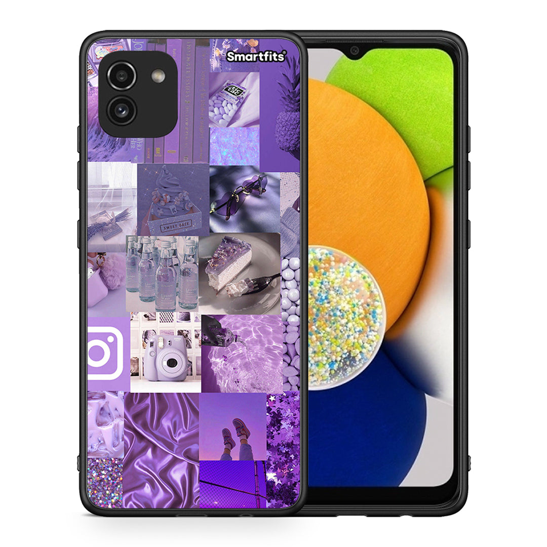 Θήκη Samsung A03 Purple Aesthetic Collage από τη Smartfits με σχέδιο στο πίσω μέρος και μαύρο περίβλημα | Samsung A03 Purple Aesthetic Collage case with colorful back and black bezels