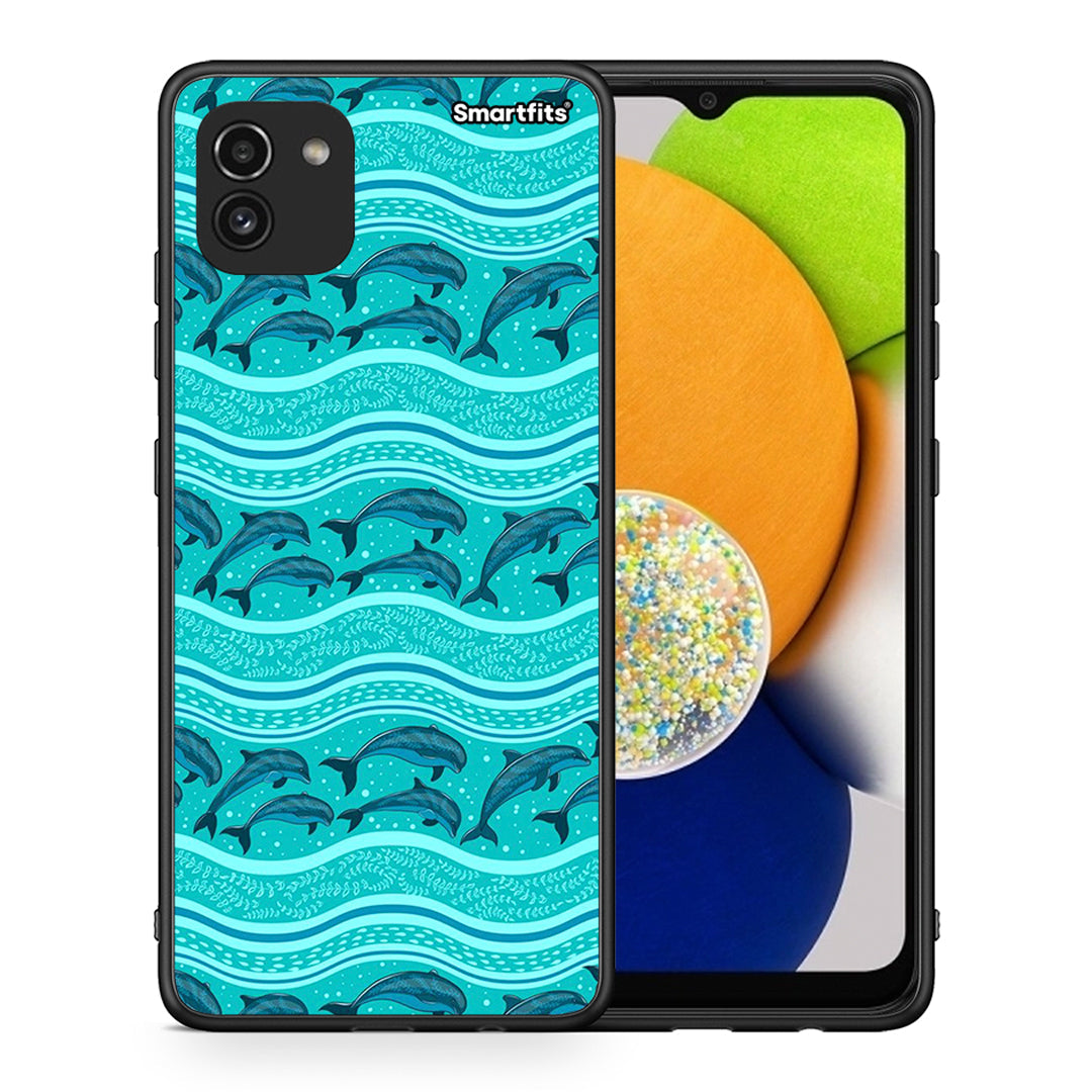 Θήκη Samsung A03 Swimming Dolphins από τη Smartfits με σχέδιο στο πίσω μέρος και μαύρο περίβλημα | Samsung A03 Swimming Dolphins case with colorful back and black bezels