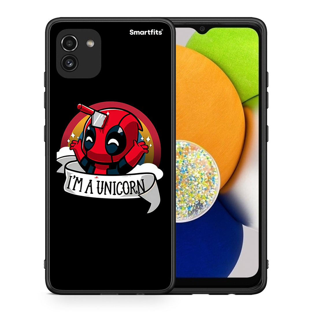 Θήκη Samsung A03 Unicorn Deadpool από τη Smartfits με σχέδιο στο πίσω μέρος και μαύρο περίβλημα | Samsung A03 Unicorn Deadpool case with colorful back and black bezels