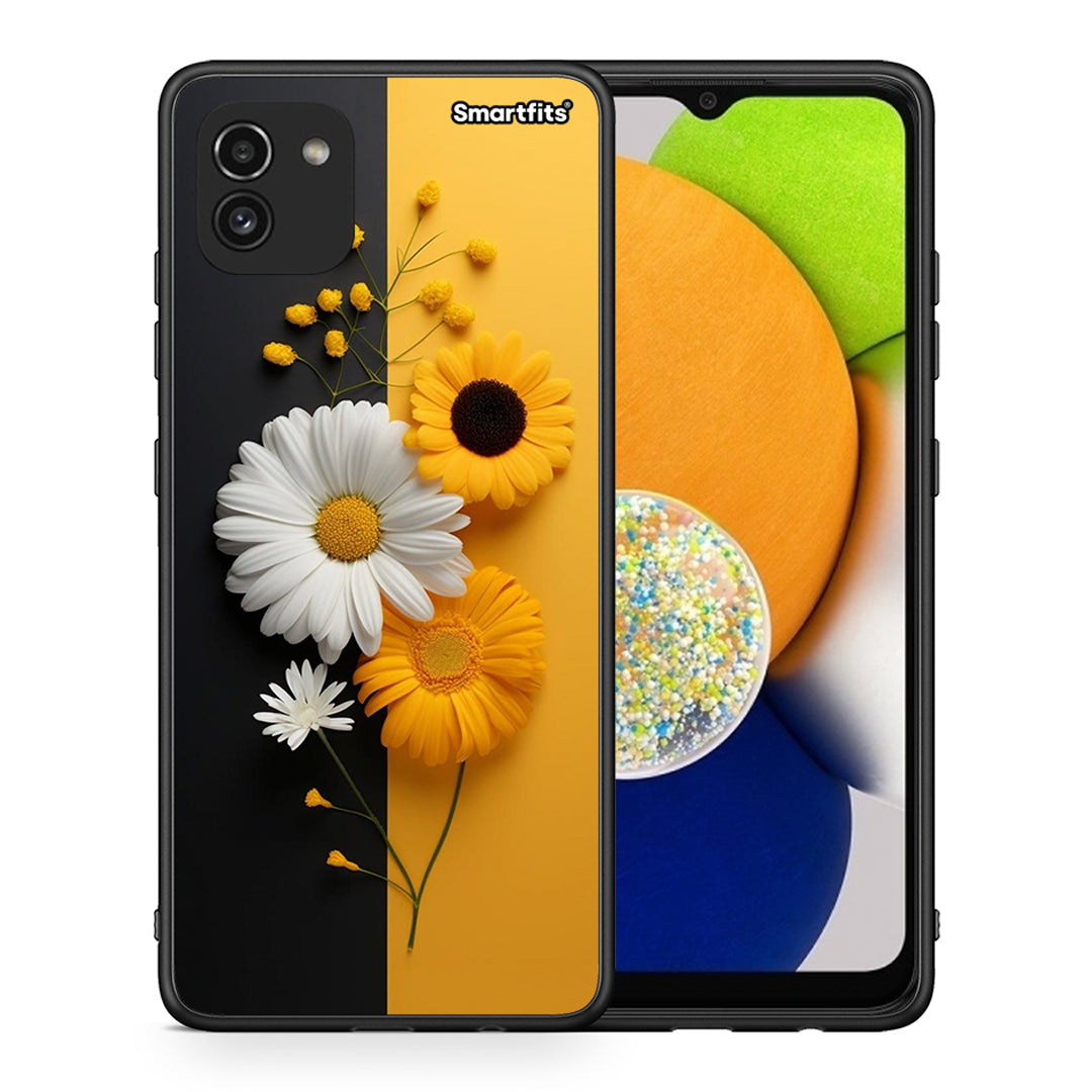 Θήκη Samsung A03 Yellow Daisies από τη Smartfits με σχέδιο στο πίσω μέρος και μαύρο περίβλημα | Samsung A03 Yellow Daisies case with colorful back and black bezels