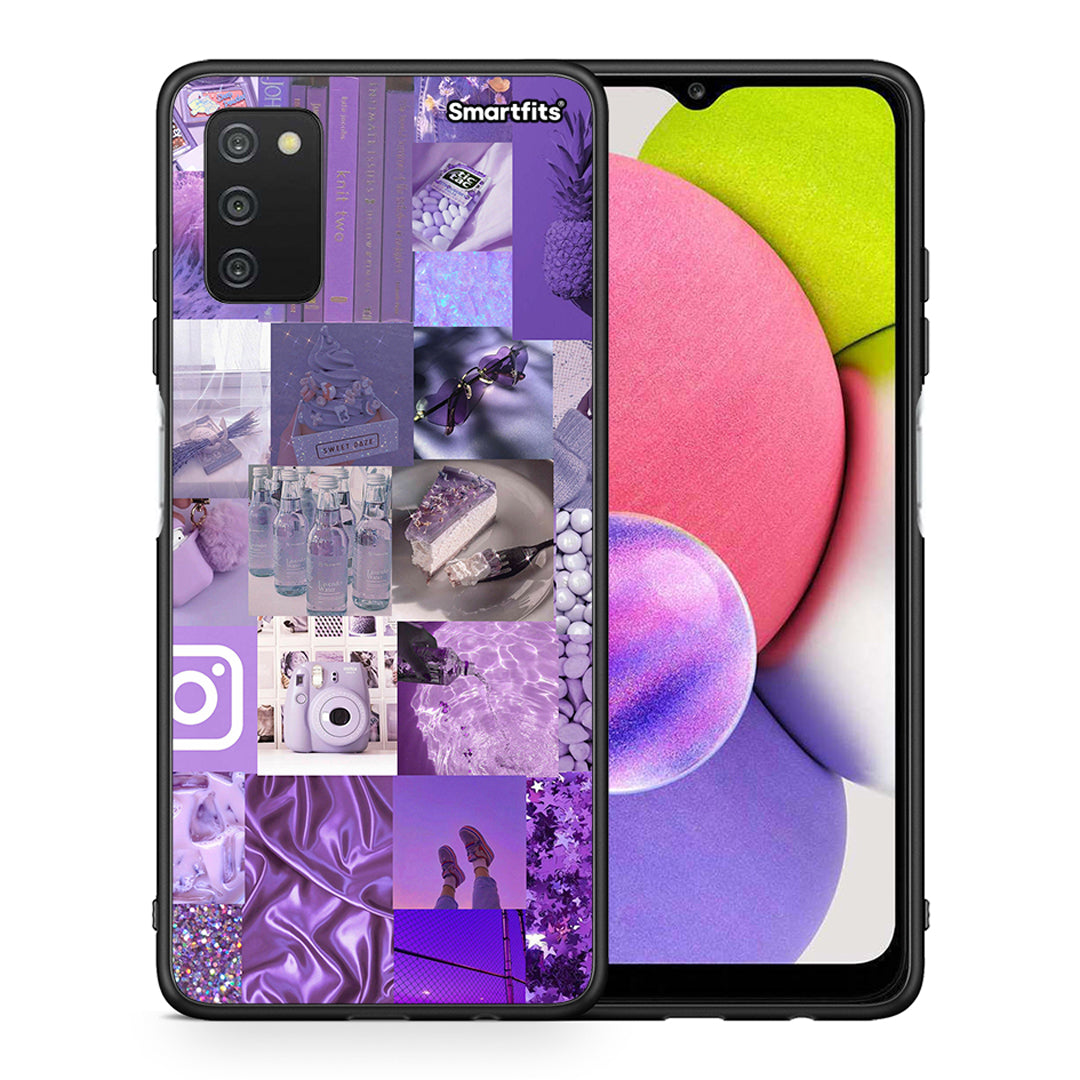 Θήκη Samsung A03s Purple Aesthetic Collage από τη Smartfits με σχέδιο στο πίσω μέρος και μαύρο περίβλημα | Samsung A03s Purple Aesthetic Collage case with colorful back and black bezels