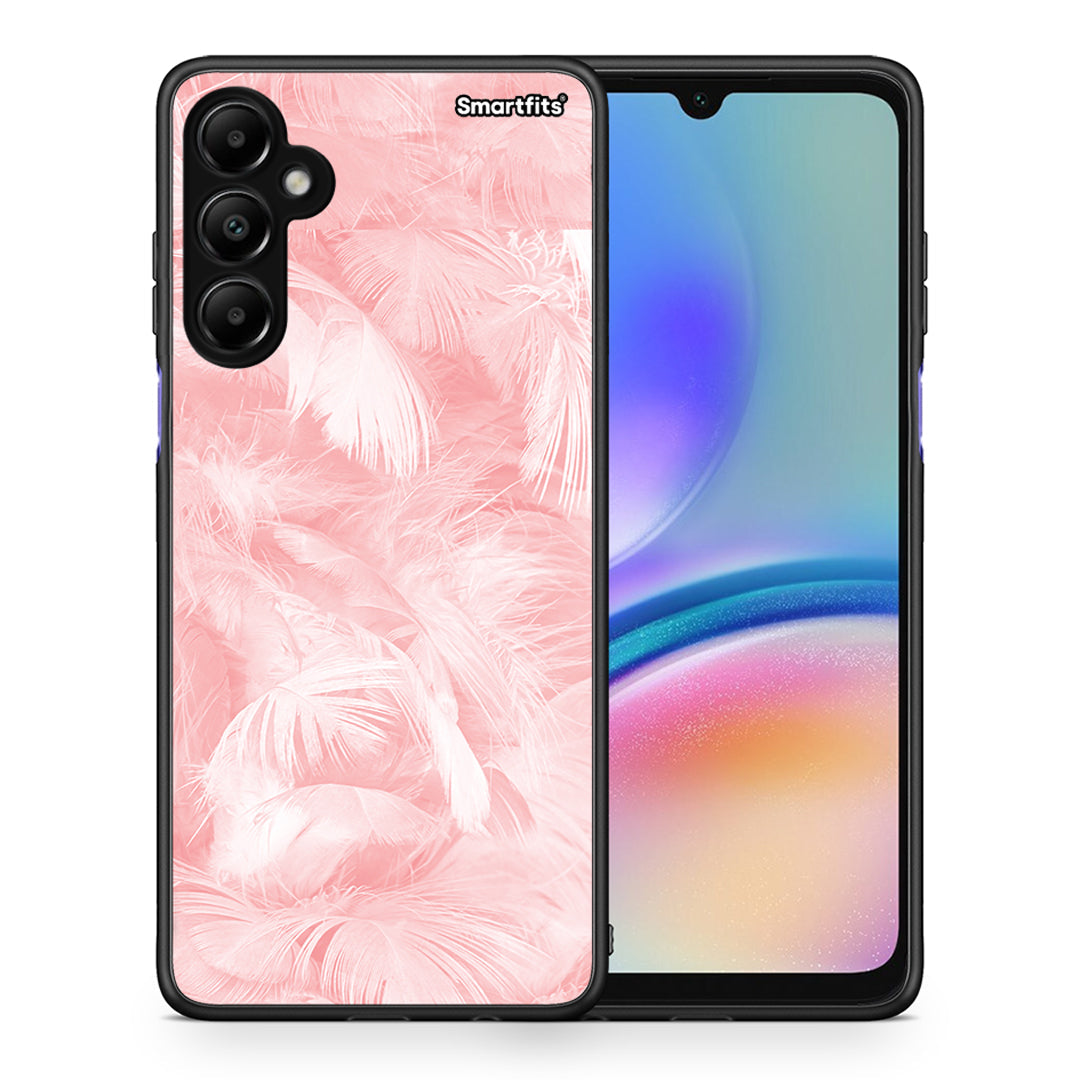 Θήκη Samsung Galaxy A05s Pink Feather Boho από τη Smartfits με σχέδιο στο πίσω μέρος και μαύρο περίβλημα | Samsung Galaxy A05s Pink Feather Boho case with colorful back and black bezels