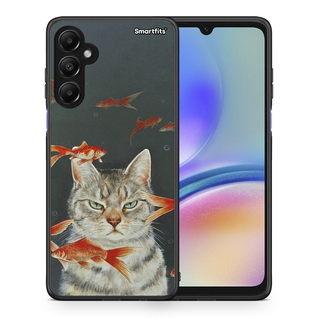Θήκη Samsung Galaxy A05s Cat Goldfish από τη Smartfits με σχέδιο στο πίσω μέρος και μαύρο περίβλημα | Samsung Galaxy A05s Cat Goldfish case with colorful back and black bezels