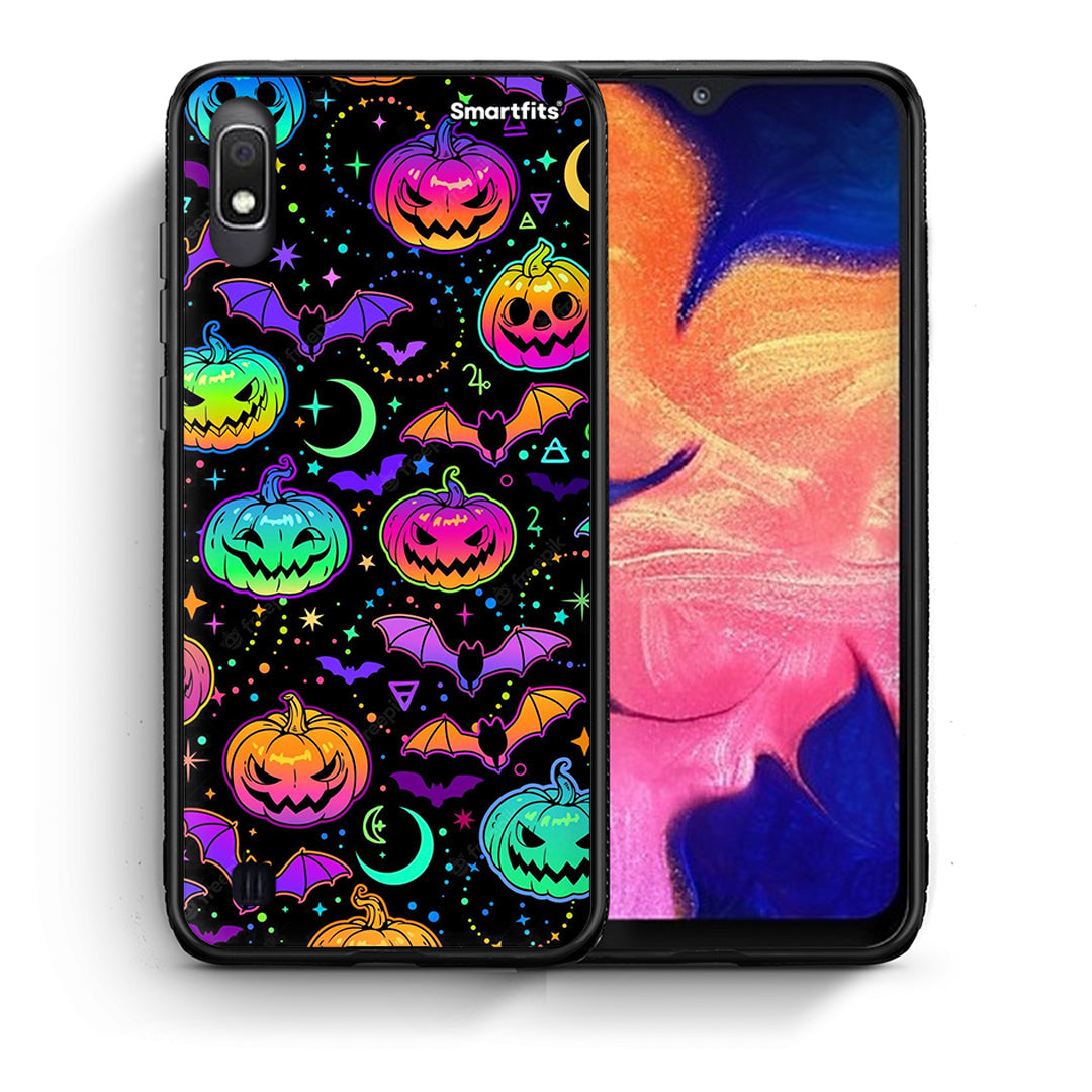 Θήκη Samsung A10 Neon Halloween από τη Smartfits με σχέδιο στο πίσω μέρος και μαύρο περίβλημα | Samsung A10 Neon Halloween case with colorful back and black bezels