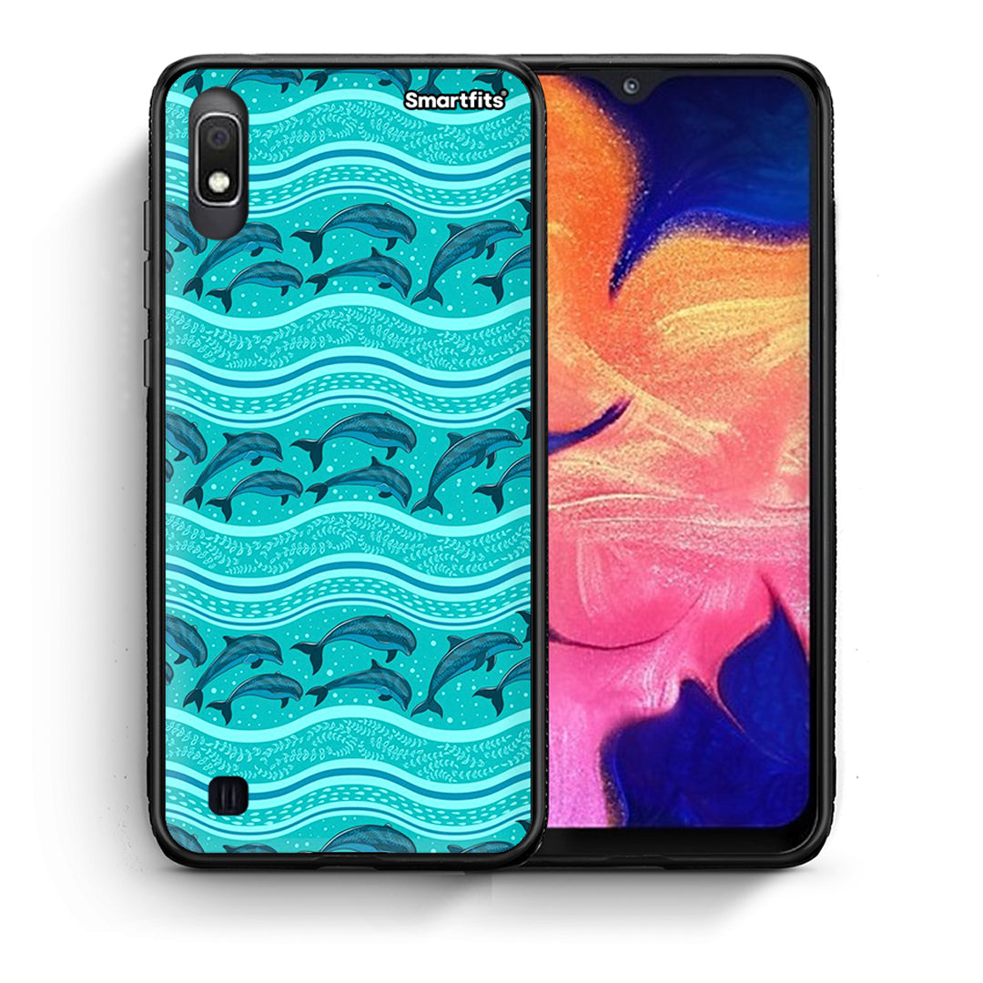 Θήκη Samsung A10 Swimming Dolphins από τη Smartfits με σχέδιο στο πίσω μέρος και μαύρο περίβλημα | Samsung A10 Swimming Dolphins case with colorful back and black bezels