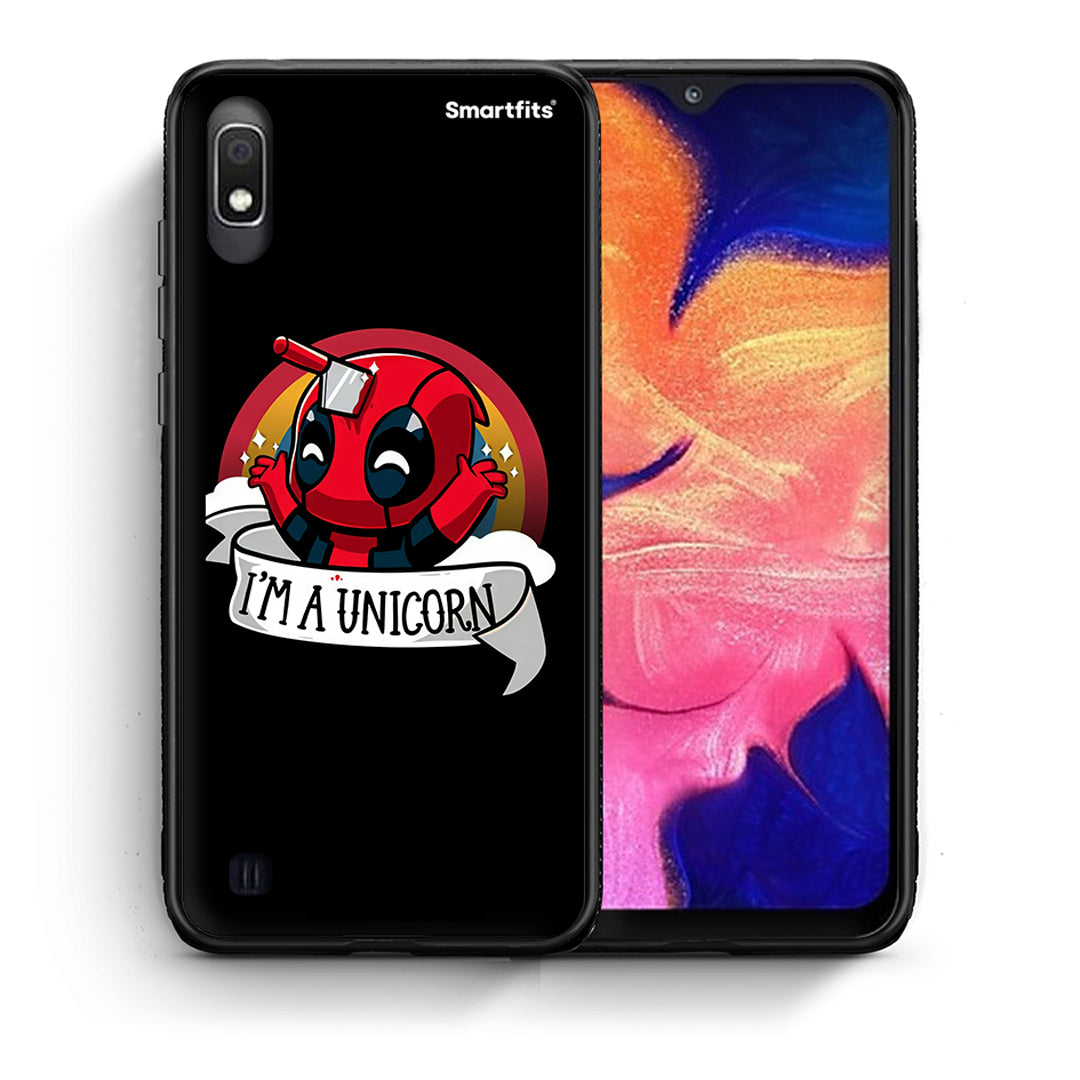 Θήκη Samsung A10 Unicorn Deadpool από τη Smartfits με σχέδιο στο πίσω μέρος και μαύρο περίβλημα | Samsung A10 Unicorn Deadpool case with colorful back and black bezels