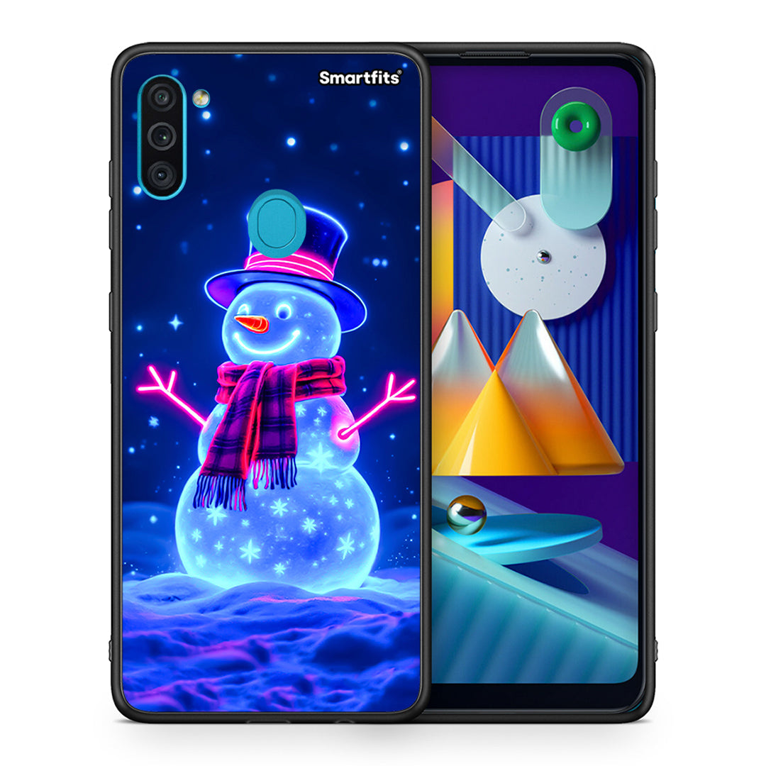 Θήκη Samsung A11/M11 Christmas Neon Snowman από τη Smartfits με σχέδιο στο πίσω μέρος και μαύρο περίβλημα | Samsung A11/M11 Christmas Neon Snowman case with colorful back and black bezels