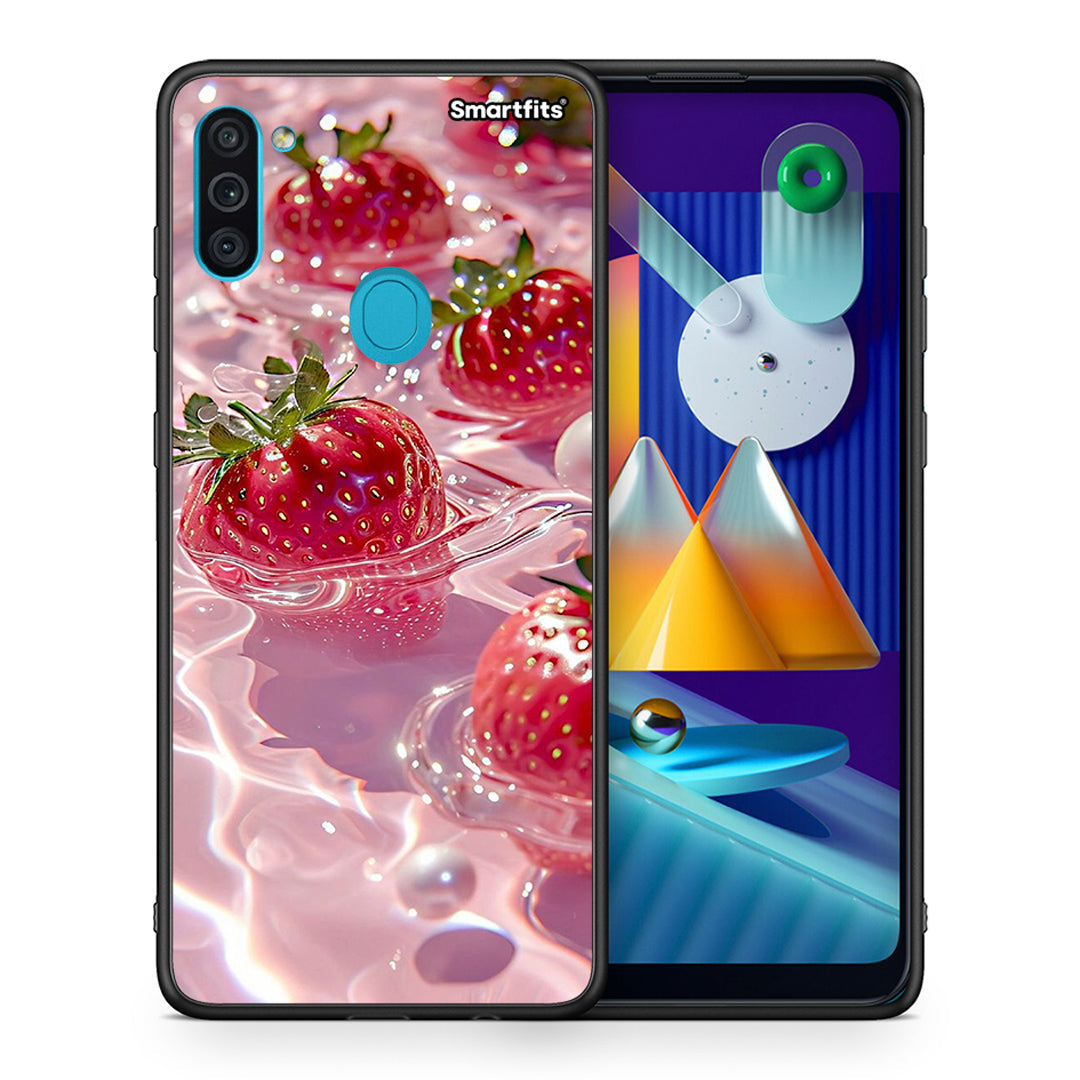 Θήκη Samsung A11/M11 Juicy Strawberries από τη Smartfits με σχέδιο στο πίσω μέρος και μαύρο περίβλημα | Samsung A11/M11 Juicy Strawberries case with colorful back and black bezels