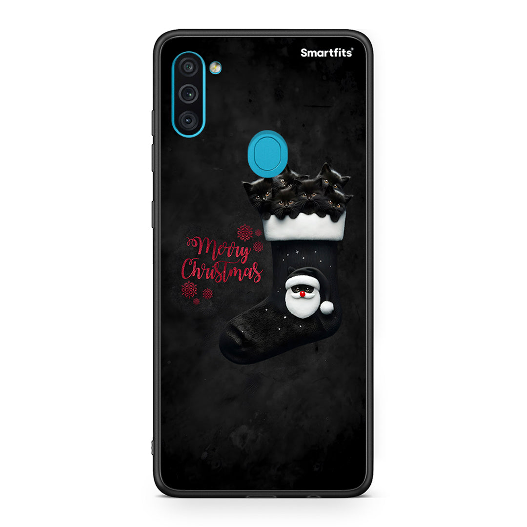 Samsung A11/M11 Merry Cat Christmas θήκη από τη Smartfits με σχέδιο στο πίσω μέρος και μαύρο περίβλημα | Smartphone case with colorful back and black bezels by Smartfits