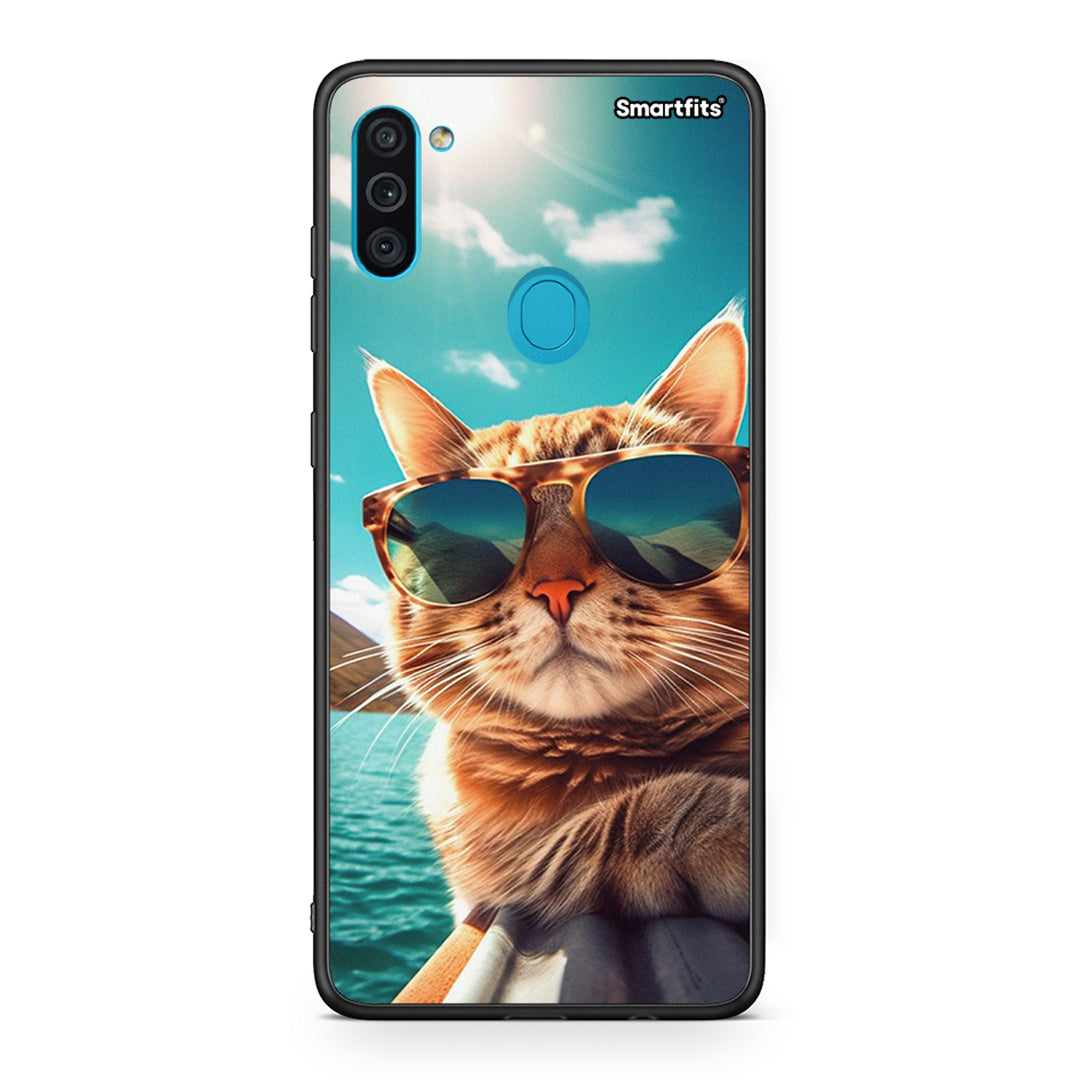 Samsung A11/M11 Summer Cat θήκη από τη Smartfits με σχέδιο στο πίσω μέρος και μαύρο περίβλημα | Smartphone case with colorful back and black bezels by Smartfits