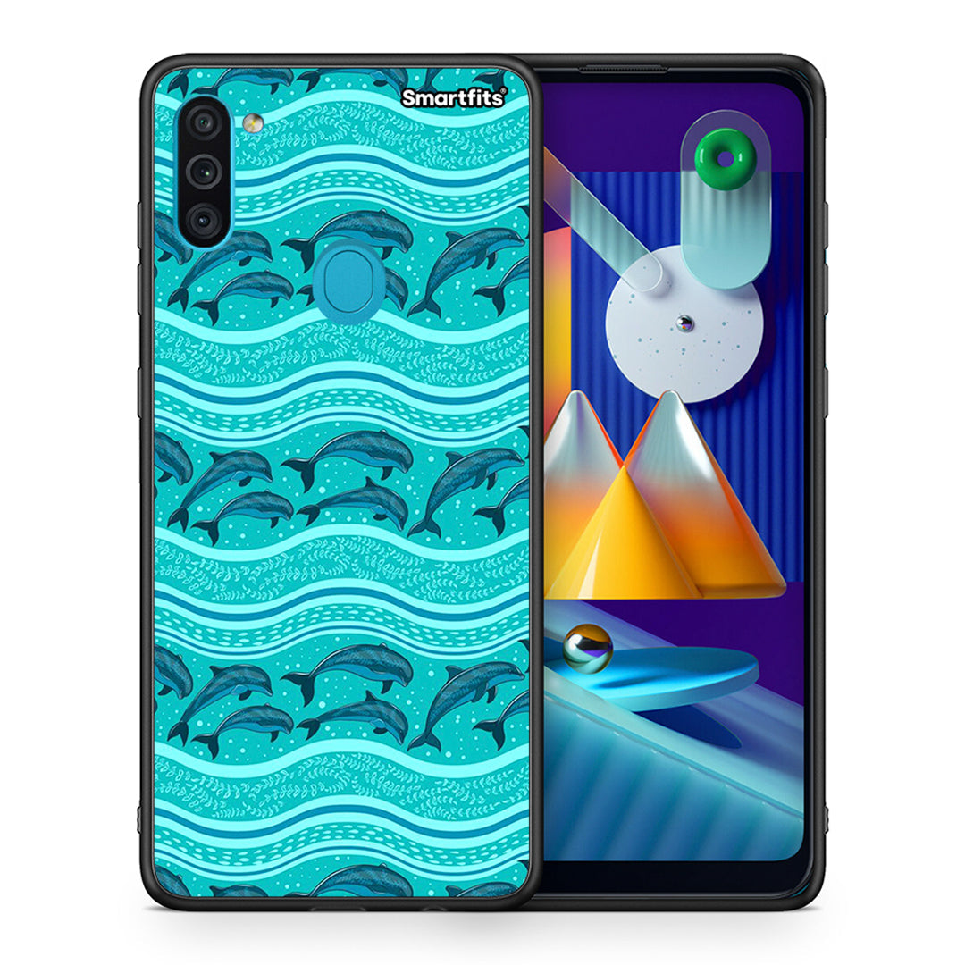 Θήκη Samsung A11/M11 Swimming Dolphins από τη Smartfits με σχέδιο στο πίσω μέρος και μαύρο περίβλημα | Samsung A11/M11 Swimming Dolphins case with colorful back and black bezels