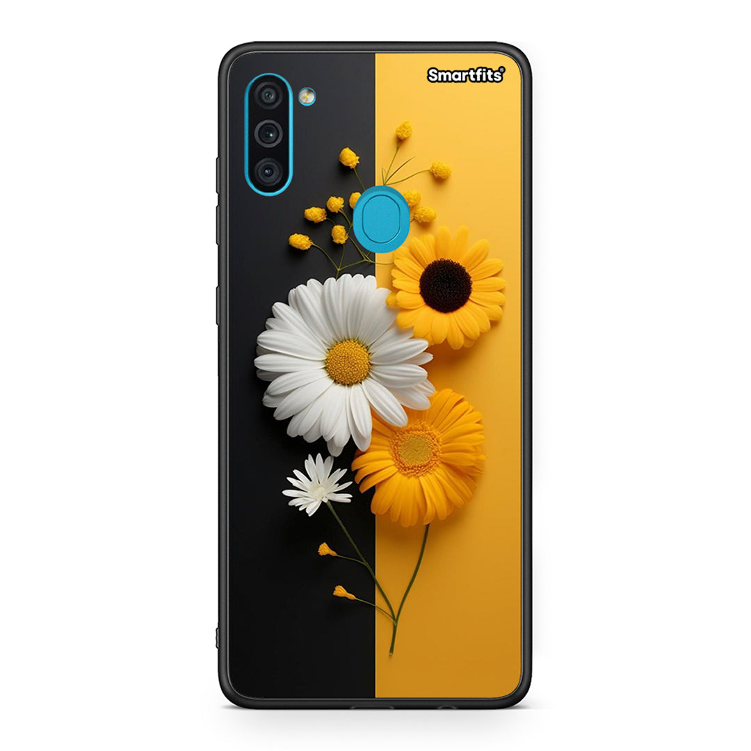 Samsung A11/M11 Yellow Daisies θήκη από τη Smartfits με σχέδιο στο πίσω μέρος και μαύρο περίβλημα | Smartphone case with colorful back and black bezels by Smartfits