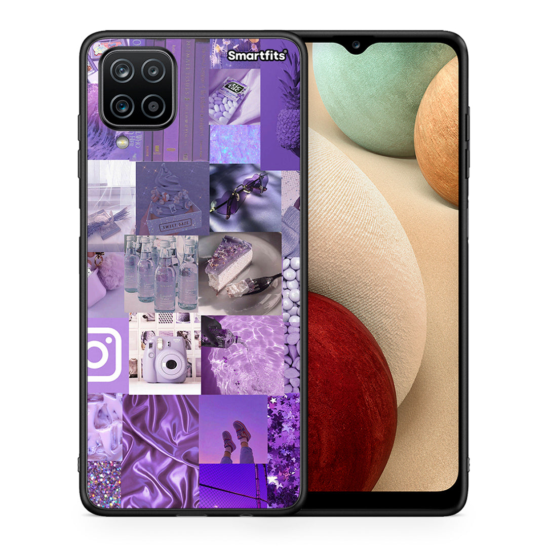 Θήκη Samsung A12 Purple Aesthetic Collage από τη Smartfits με σχέδιο στο πίσω μέρος και μαύρο περίβλημα | Samsung A12 Purple Aesthetic Collage case with colorful back and black bezels