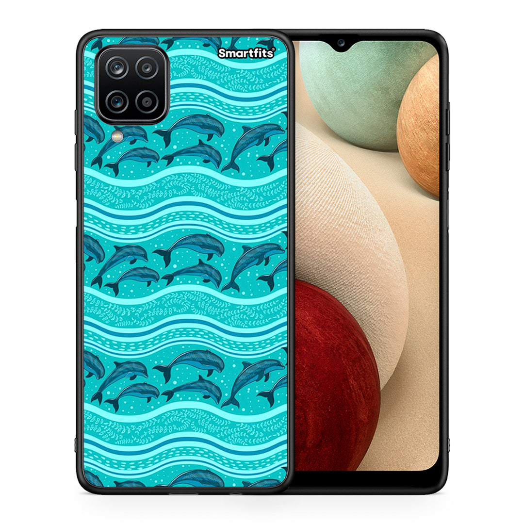 Θήκη Samsung A12 Swimming Dolphins από τη Smartfits με σχέδιο στο πίσω μέρος και μαύρο περίβλημα | Samsung A12 Swimming Dolphins case with colorful back and black bezels