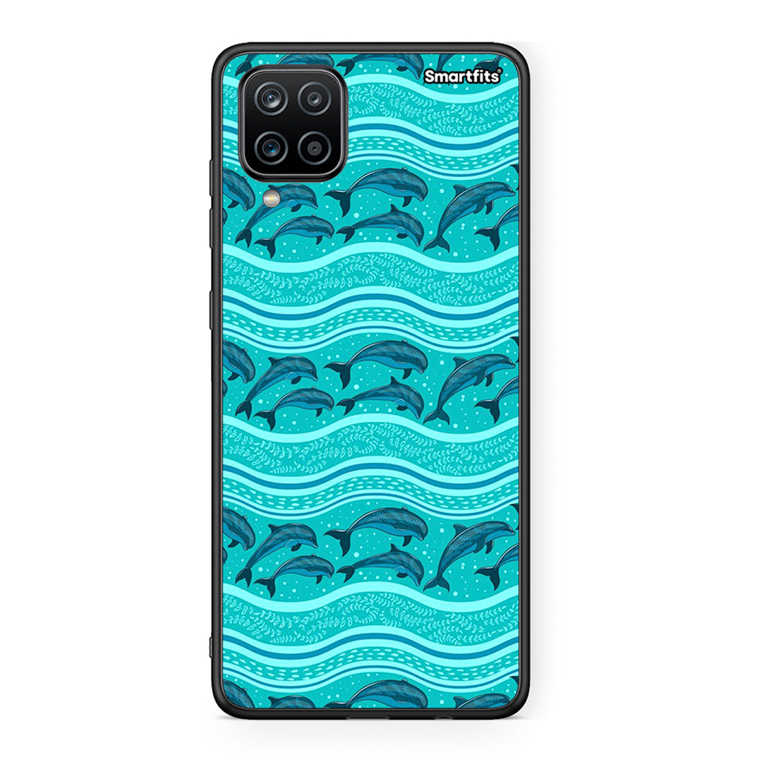 Samsung A12 Swimming Dolphins θήκη από τη Smartfits με σχέδιο στο πίσω μέρος και μαύρο περίβλημα | Smartphone case with colorful back and black bezels by Smartfits