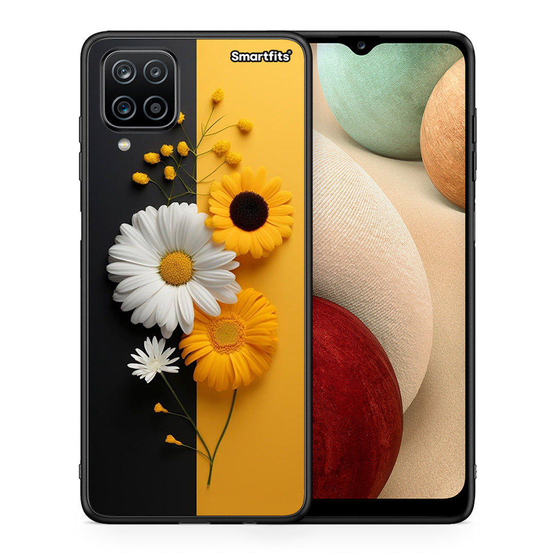 Θήκη Samsung A12 Yellow Daisies από τη Smartfits με σχέδιο στο πίσω μέρος και μαύρο περίβλημα | Samsung A12 Yellow Daisies case with colorful back and black bezels