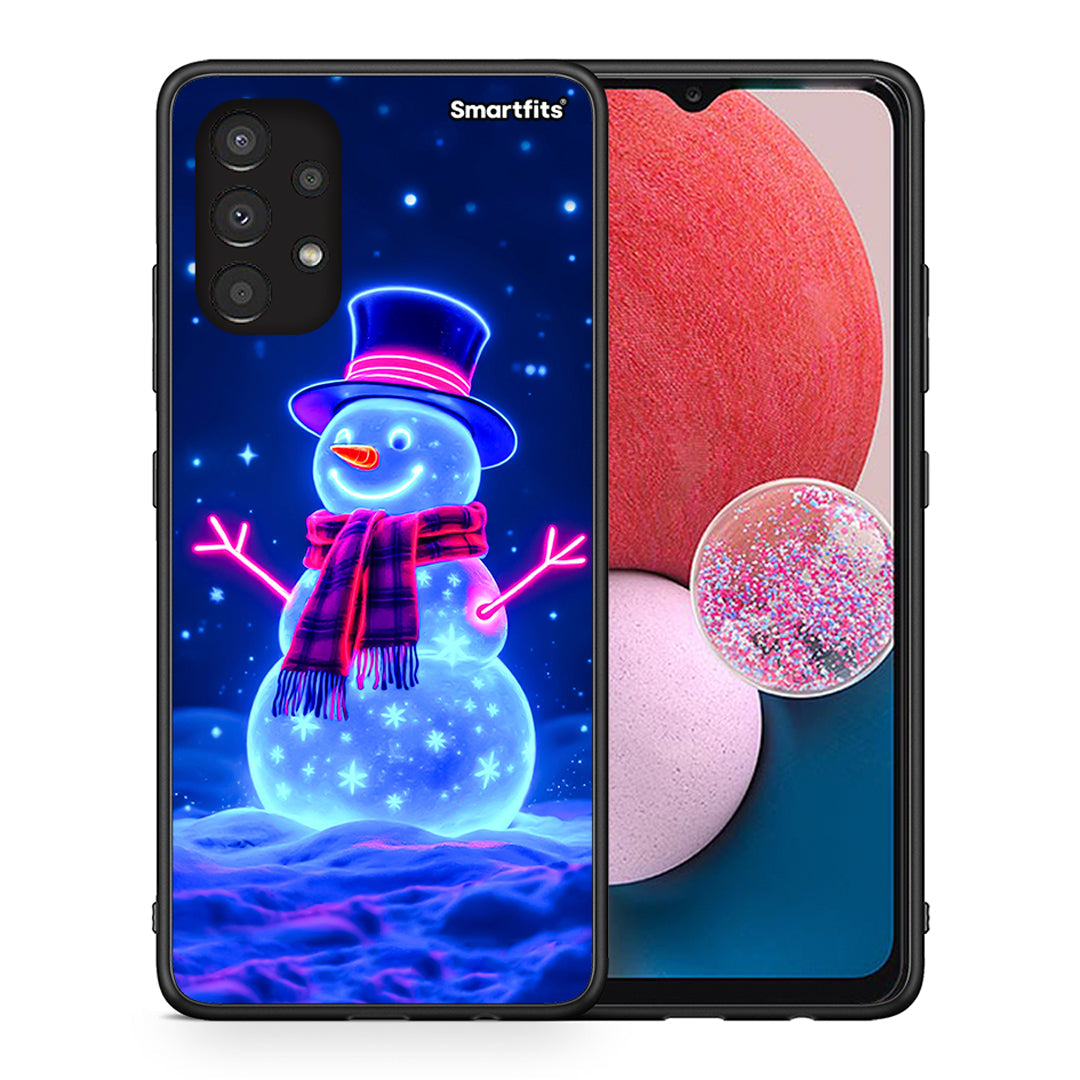 Θήκη Samsung A13 4G Christmas Neon Snowman από τη Smartfits με σχέδιο στο πίσω μέρος και μαύρο περίβλημα | Samsung A13 4G Christmas Neon Snowman case with colorful back and black bezels