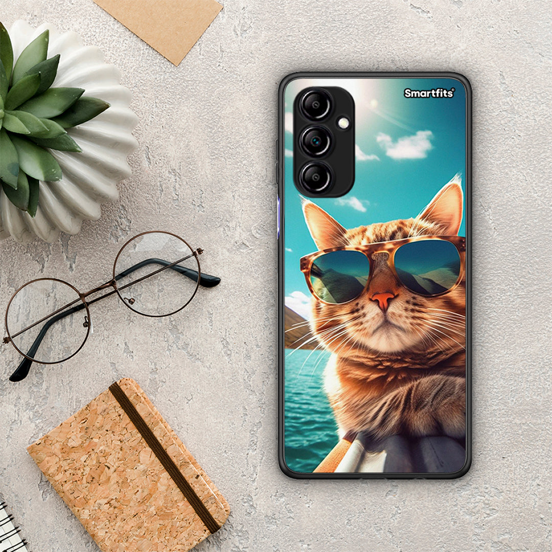 Θήκη Samsung Galaxy A14 / A14 5G Summer Cat από τη Smartfits με σχέδιο στο πίσω μέρος και μαύρο περίβλημα | Samsung Galaxy A14 / A14 5G Summer Cat Case with Colorful Back and Black Bezels