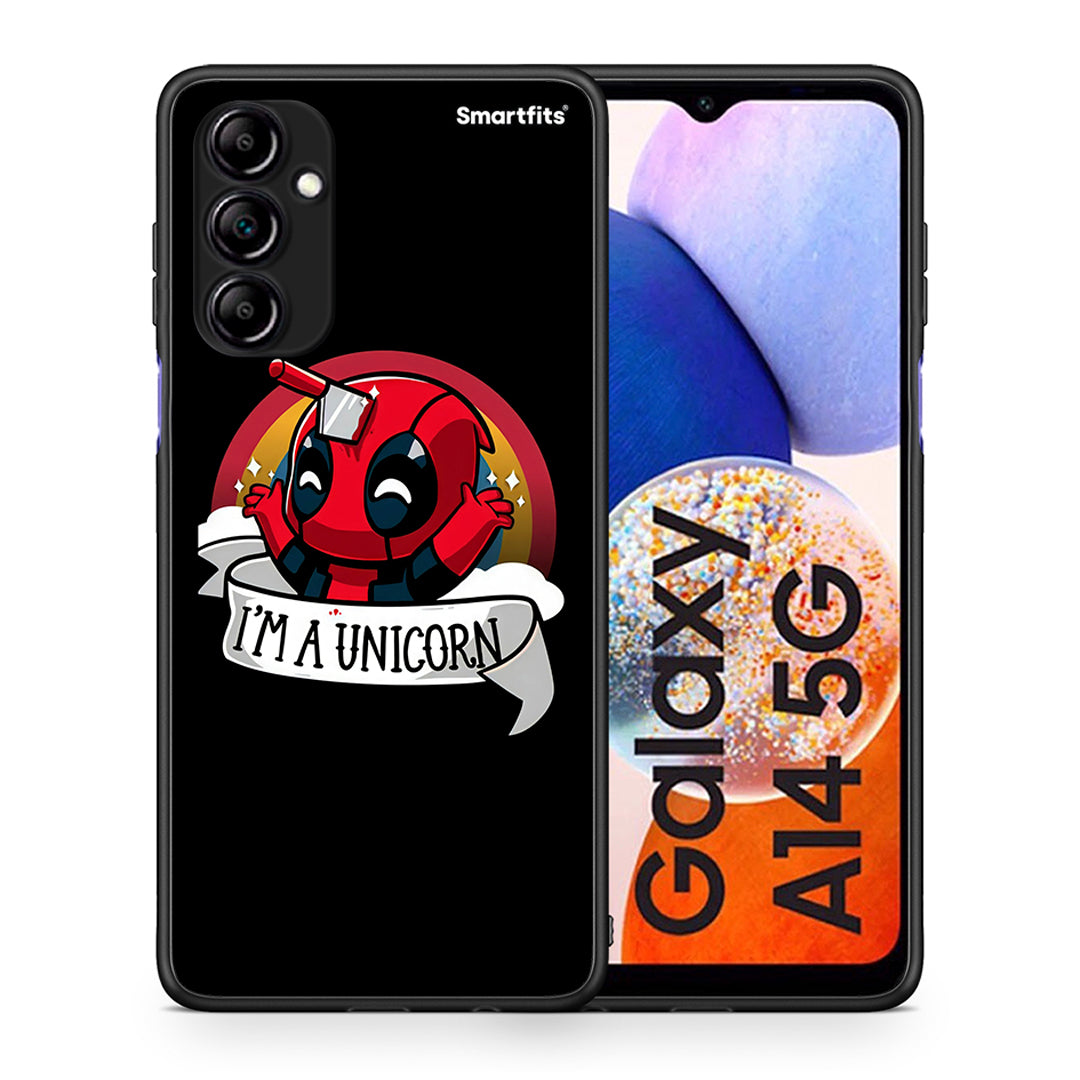 Θήκη Samsung Galaxy A14 / A14 5G Unicorn Deadpool από τη Smartfits με σχέδιο στο πίσω μέρος και μαύρο περίβλημα | Samsung Galaxy A14 / A14 5G Unicorn Deadpool Case with Colorful Back and Black Bezels