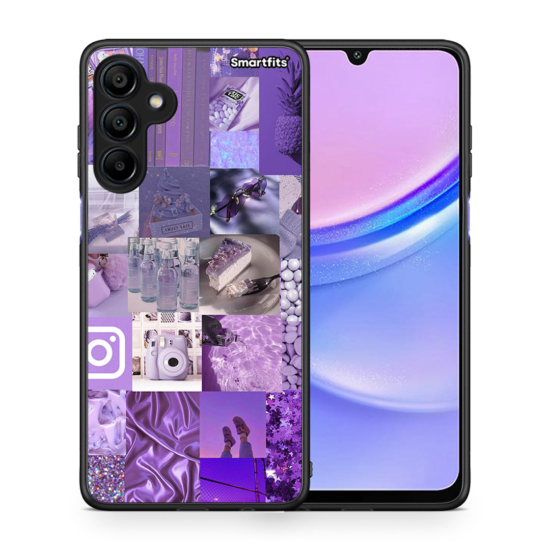 Θήκη Samsung Galaxy A15 4G Purple Aesthetic Collage από τη Smartfits με σχέδιο στο πίσω μέρος και μαύρο περίβλημα | Samsung Galaxy A15 4G Purple Aesthetic Collage case with colorful back and black bezels