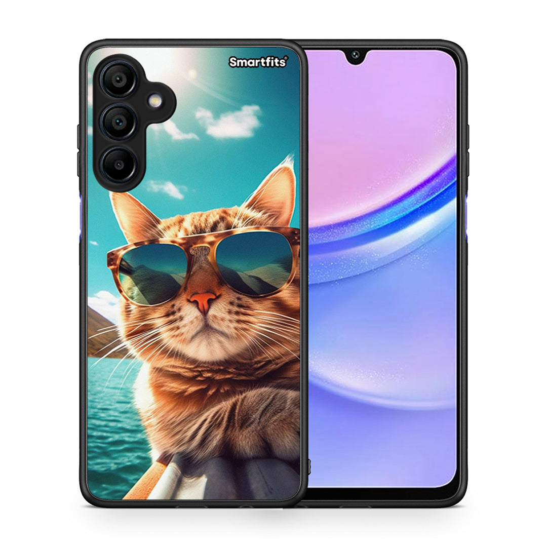 Θήκη Samsung Galaxy A15 4G Summer Cat από τη Smartfits με σχέδιο στο πίσω μέρος και μαύρο περίβλημα | Samsung Galaxy A15 4G Summer Cat case with colorful back and black bezels