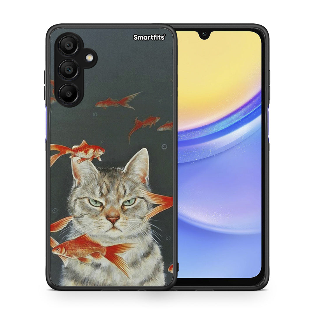 Θήκη Samsung Galaxy A15 5G Cat Goldfish από τη Smartfits με σχέδιο στο πίσω μέρος και μαύρο περίβλημα | Samsung Galaxy A15 5G Cat Goldfish case with colorful back and black bezels