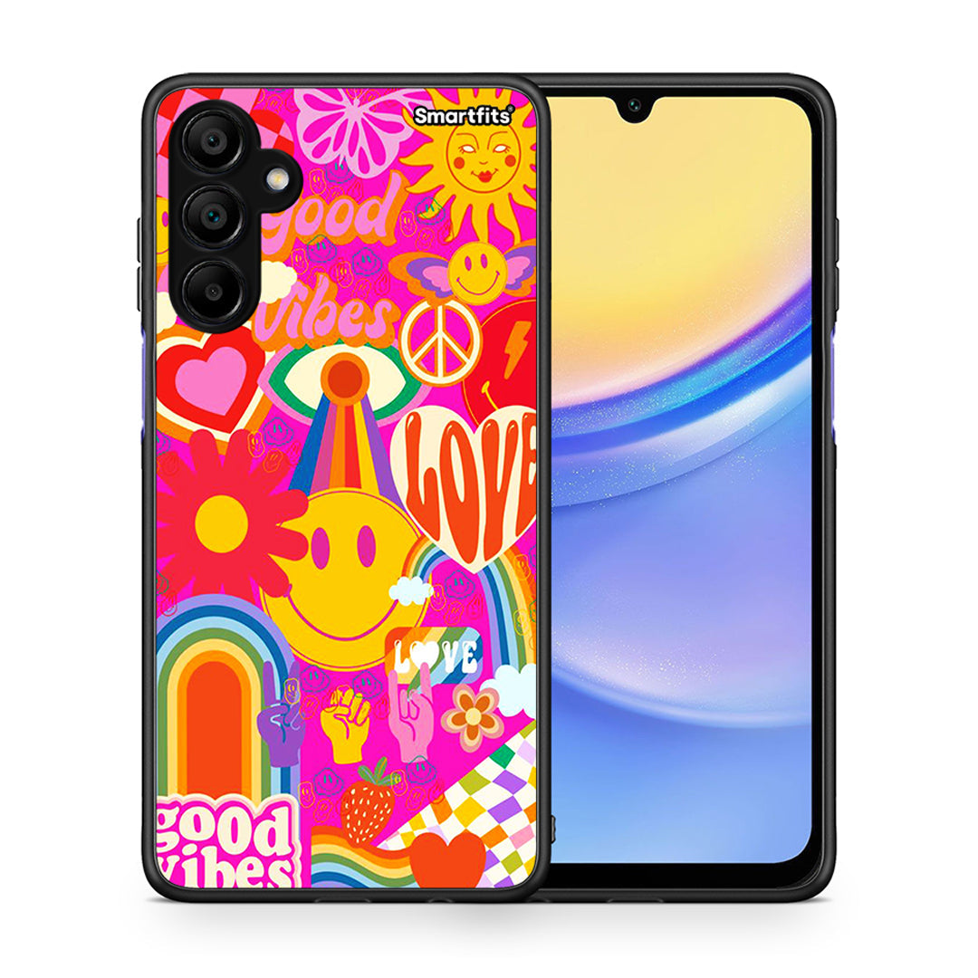 Θήκη Samsung Galaxy A15 5G Hippie Love από τη Smartfits με σχέδιο στο πίσω μέρος και μαύρο περίβλημα | Samsung Galaxy A15 5G Hippie Love case with colorful back and black bezels