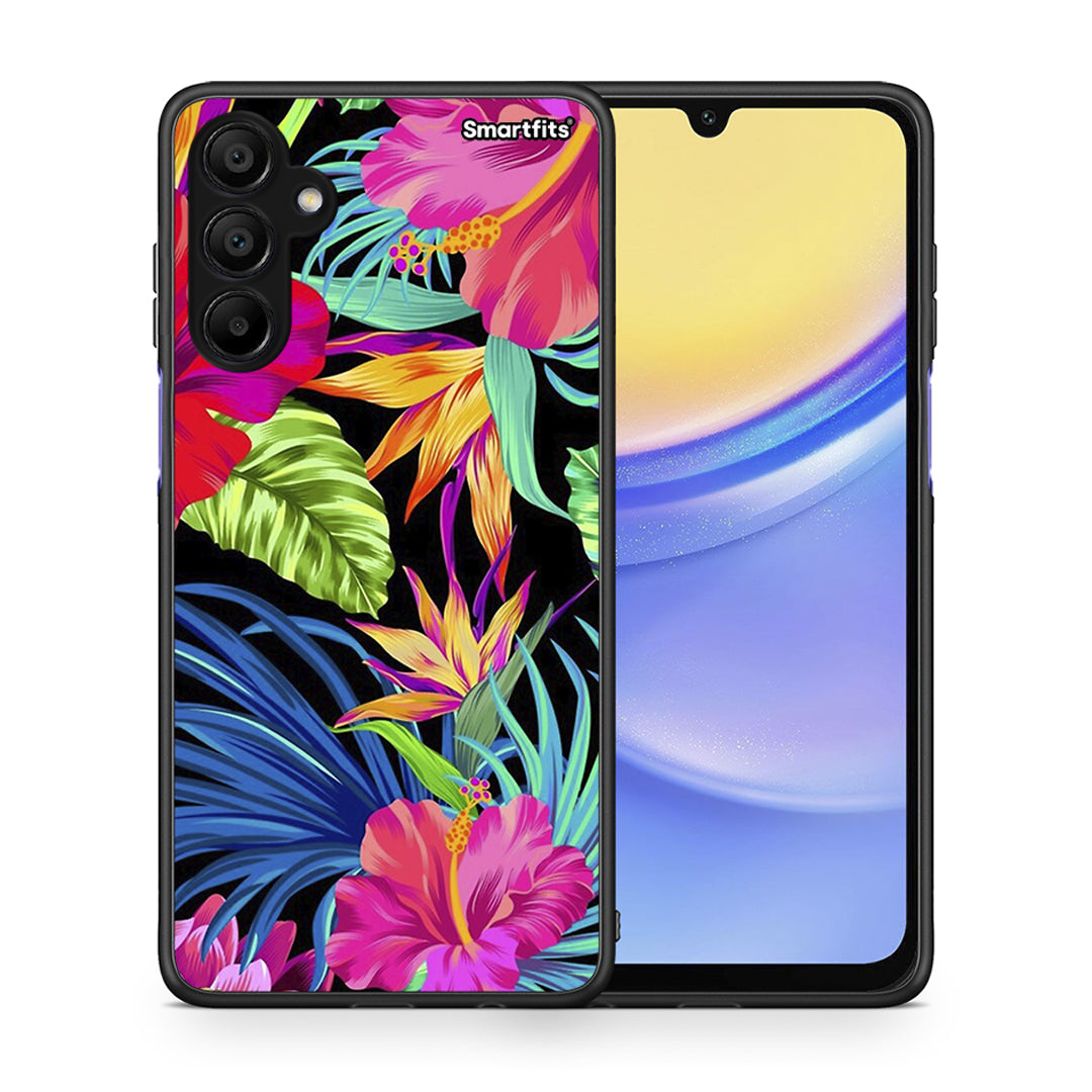 Θήκη Samsung Galaxy A15 5G Tropical Flowers από τη Smartfits με σχέδιο στο πίσω μέρος και μαύρο περίβλημα | Samsung Galaxy A15 5G Tropical Flowers case with colorful back and black bezels