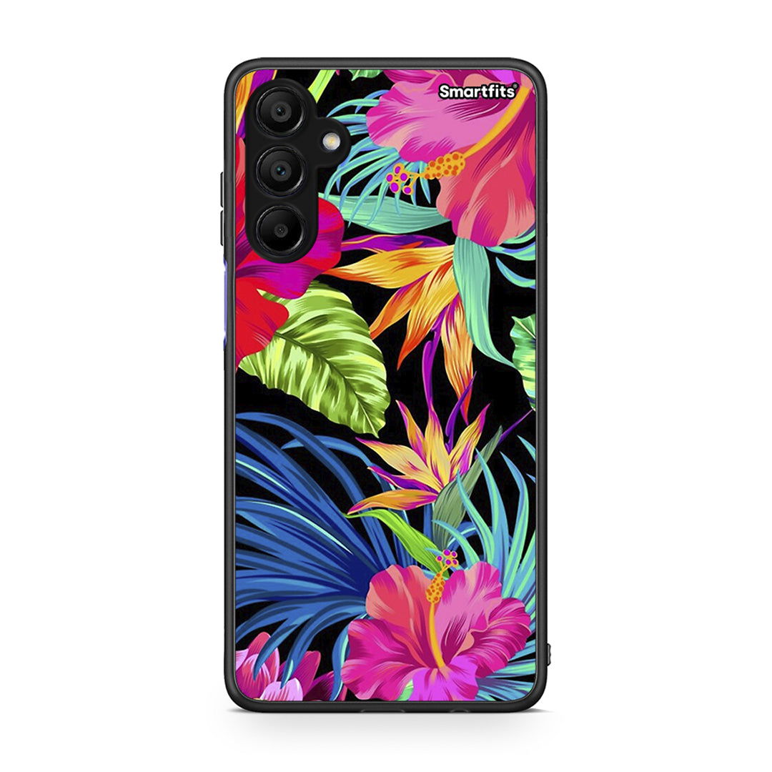 Samsung Galaxy A15 5G Tropical Flowers θήκη από τη Smartfits με σχέδιο στο πίσω μέρος και μαύρο περίβλημα | Smartphone case with colorful back and black bezels by Smartfits