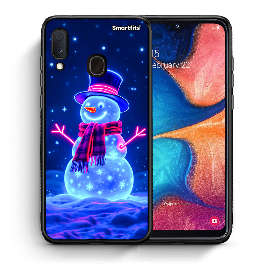 Θήκη Samsung A20e Christmas Neon Snowman από τη Smartfits με σχέδιο στο πίσω μέρος και μαύρο περίβλημα | Samsung A20e Christmas Neon Snowman case with colorful back and black bezels