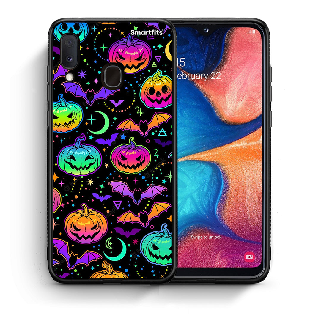 Θήκη Samsung A20e Neon Halloween από τη Smartfits με σχέδιο στο πίσω μέρος και μαύρο περίβλημα | Samsung A20e Neon Halloween case with colorful back and black bezels