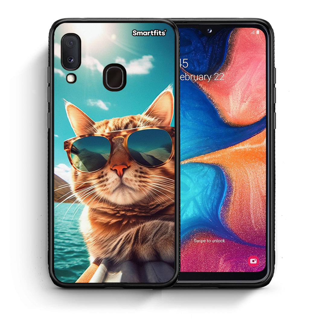 Θήκη Samsung A20e Summer Cat από τη Smartfits με σχέδιο στο πίσω μέρος και μαύρο περίβλημα | Samsung A20e Summer Cat case with colorful back and black bezels