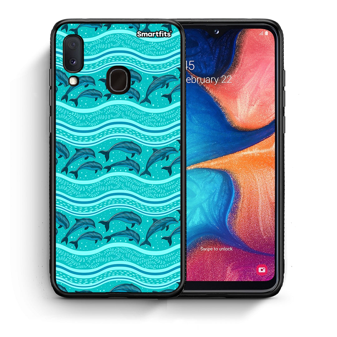 Θήκη Samsung A20e Swimming Dolphins από τη Smartfits με σχέδιο στο πίσω μέρος και μαύρο περίβλημα | Samsung A20e Swimming Dolphins case with colorful back and black bezels