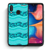 Thumbnail for Θήκη Samsung Galaxy M20 Swimming Dolphins από τη Smartfits με σχέδιο στο πίσω μέρος και μαύρο περίβλημα | Samsung Galaxy M20 Swimming Dolphins case with colorful back and black bezels