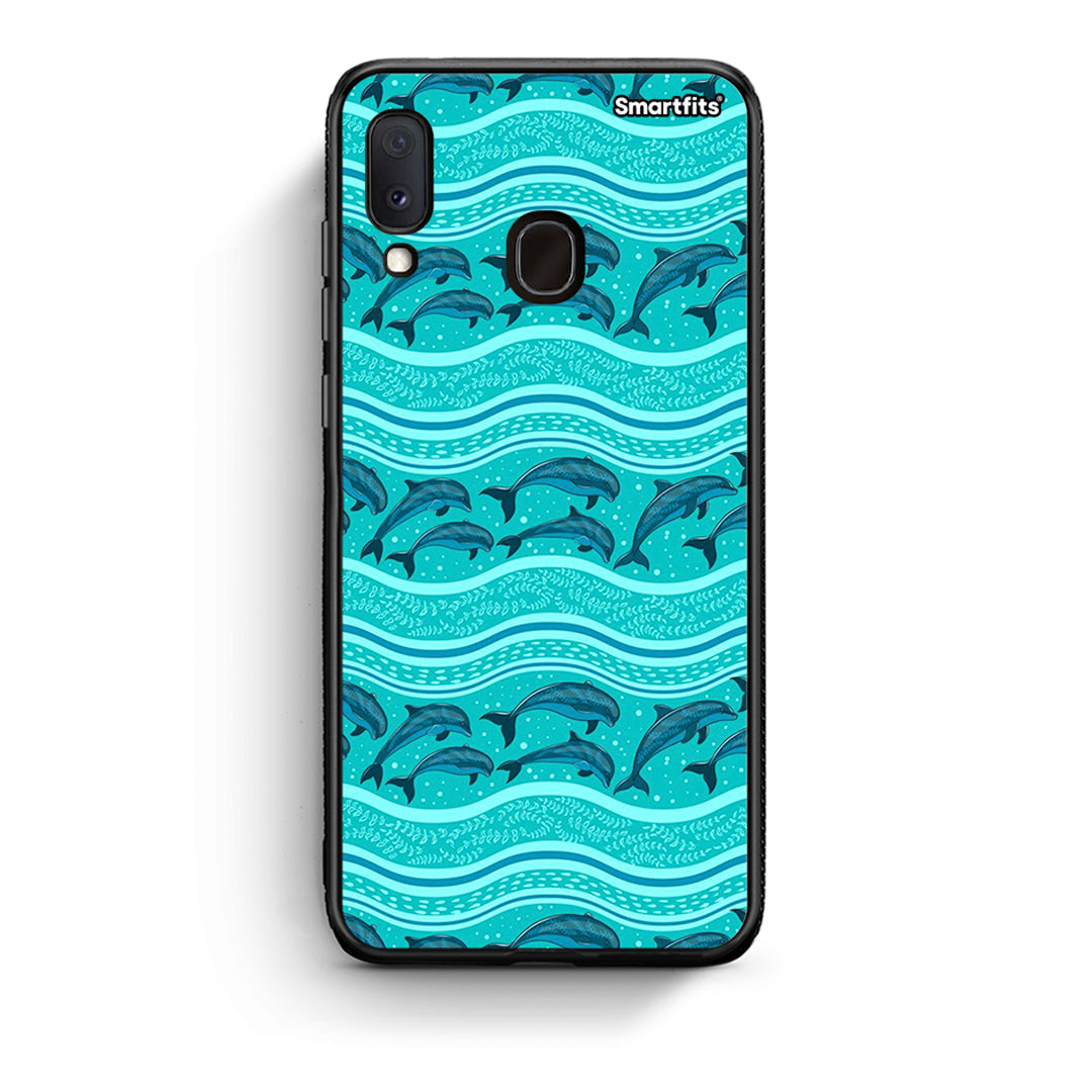 Samsung A20e Swimming Dolphins θήκη από τη Smartfits με σχέδιο στο πίσω μέρος και μαύρο περίβλημα | Smartphone case with colorful back and black bezels by Smartfits